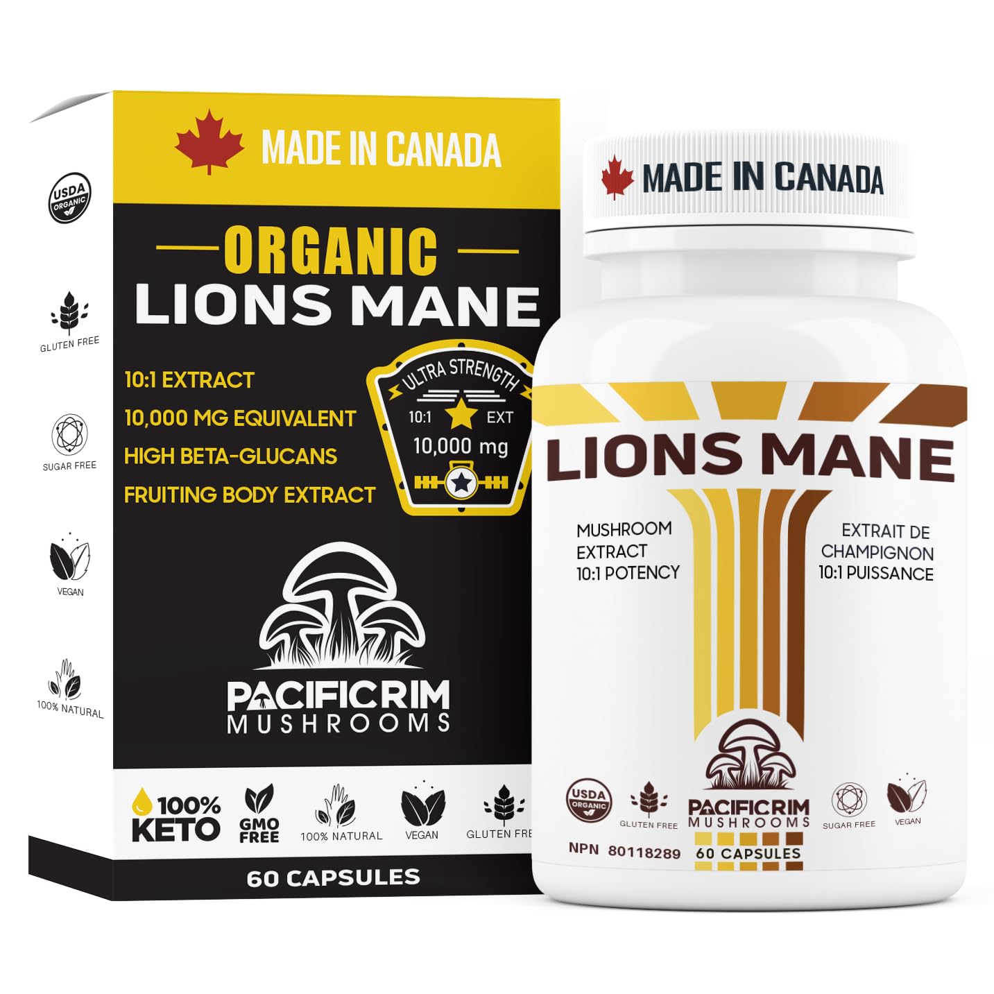 Pacific Rim Mushrooms Lions Mane Supplement Capsules, Organic Mushroom Extract, Ultra Strength 10:1 Lions Mane Mushroom, 60 Capsules