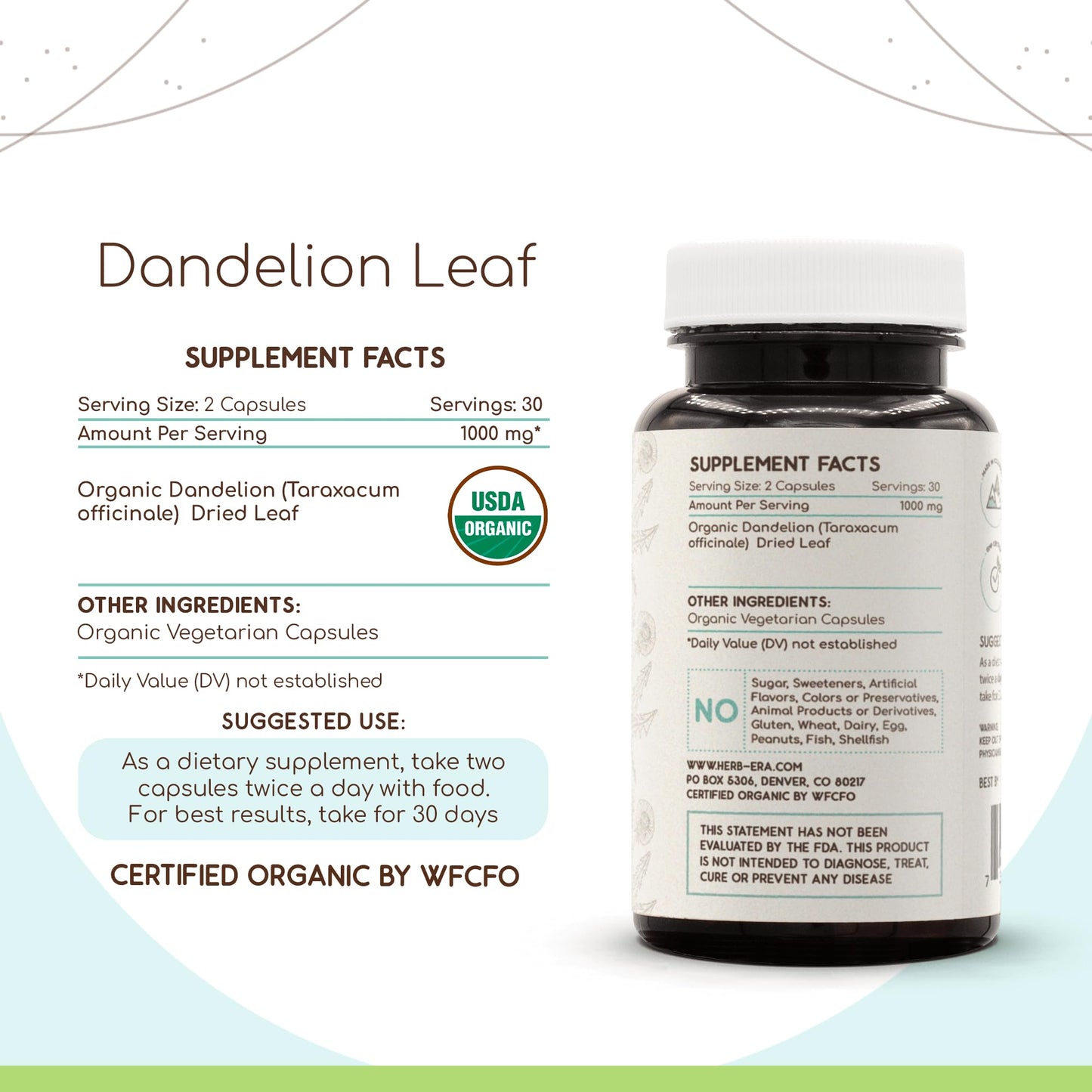 HerbEra Dandelion Leaf Capsules, USDA Organic, 60 Count