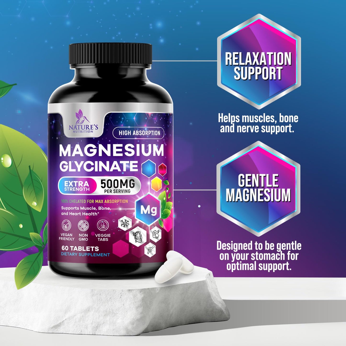 Nature's Nutrition Magnesium Glycinate Supplement Tablet, 60 Tablets
