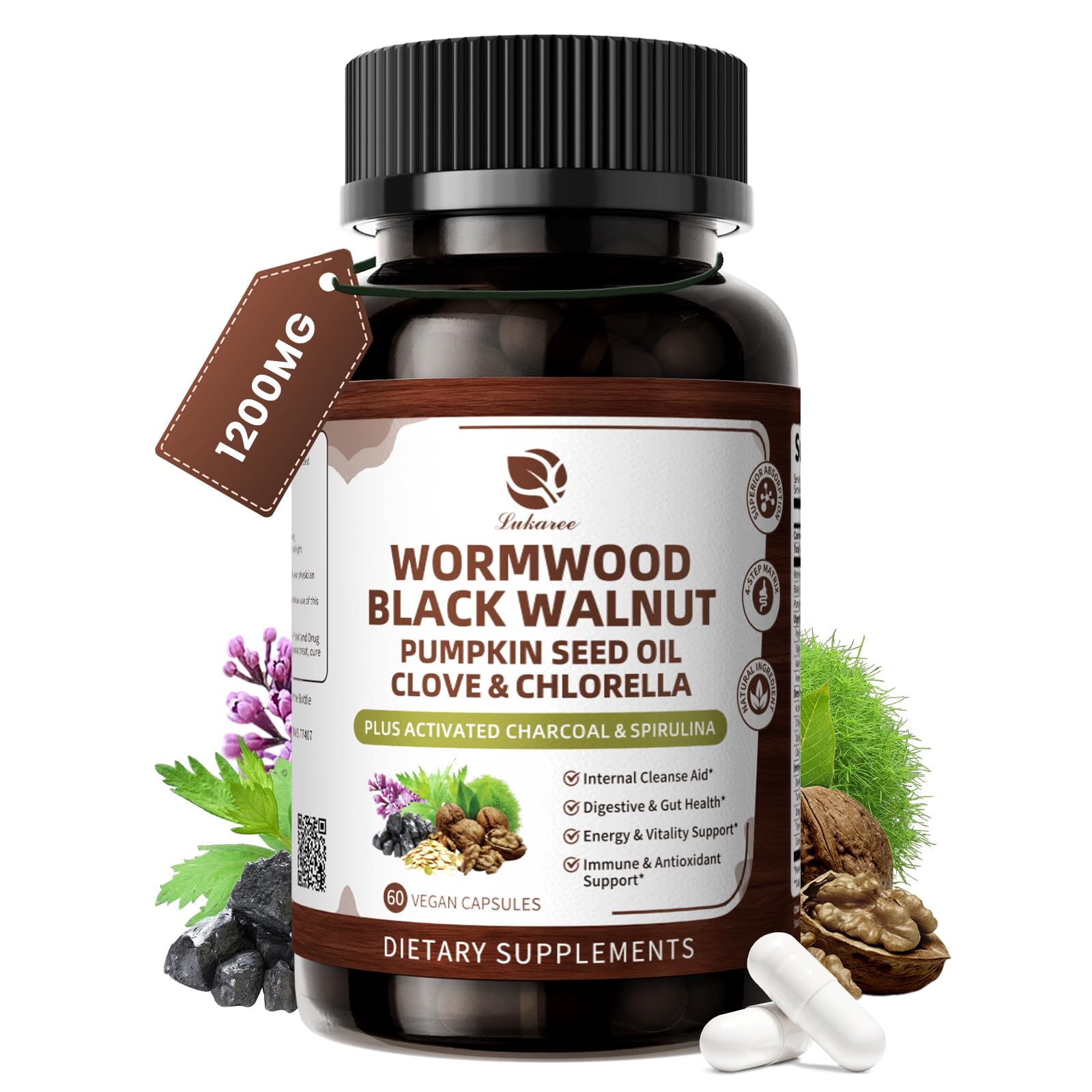 Lukaree Wormwood Black Walnut Cleanse for Human 1200mg Gut Health Supplement Capsule, 60 Count