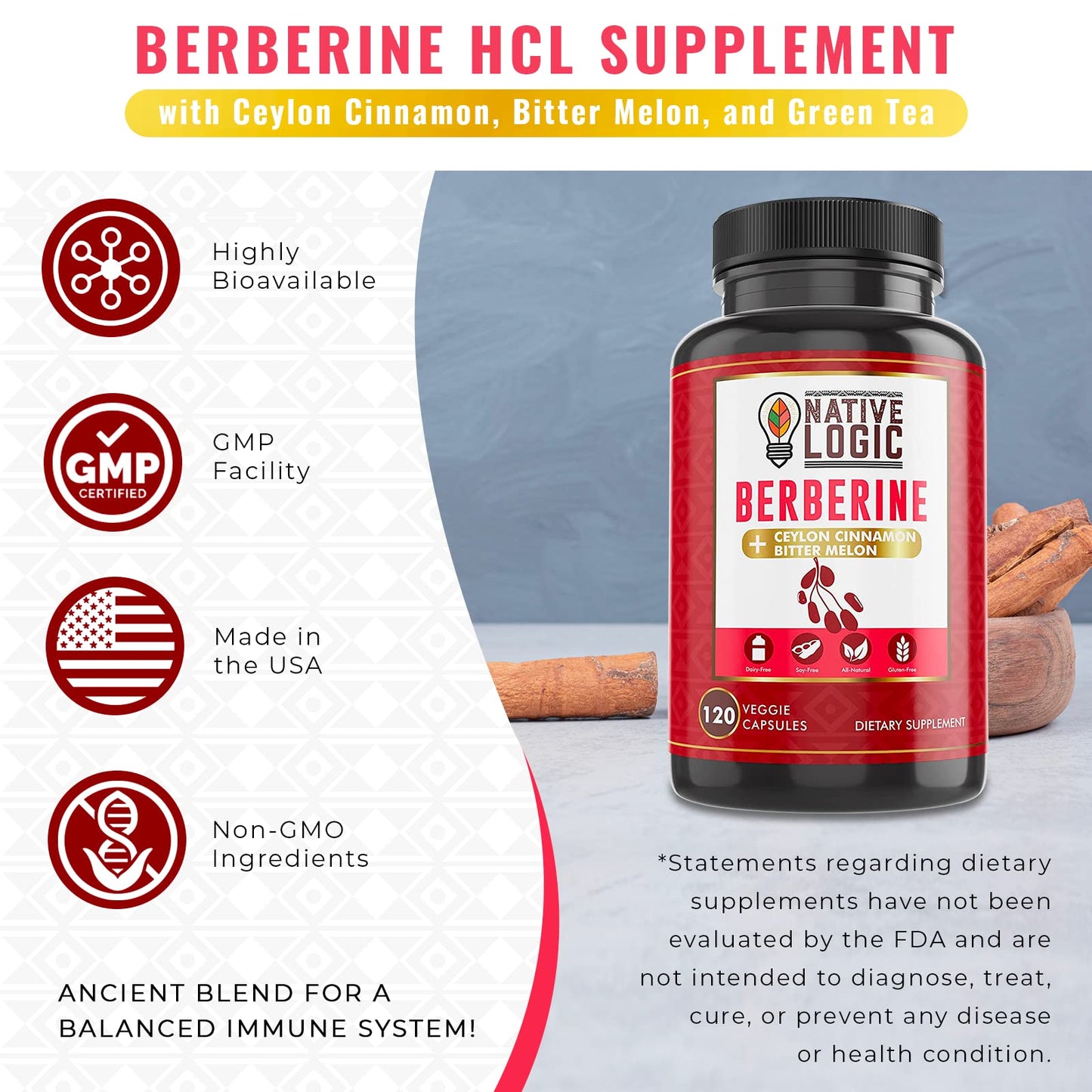 Native Logic Berberine HCL 1200mg with Ceylon Cinnamon, Bitter Melon, and Green Tea Extract Capsules, 120 Count