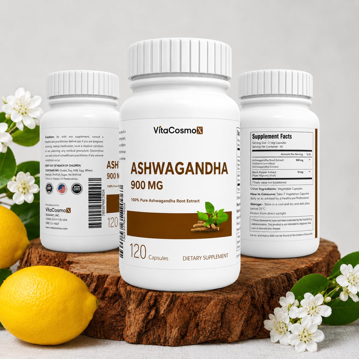 VitaCosmoX Ashwagandha Root Extract 900 mg with Black Pepper Extract 10 mg Per Serving, 120 Vegetarian Capsules