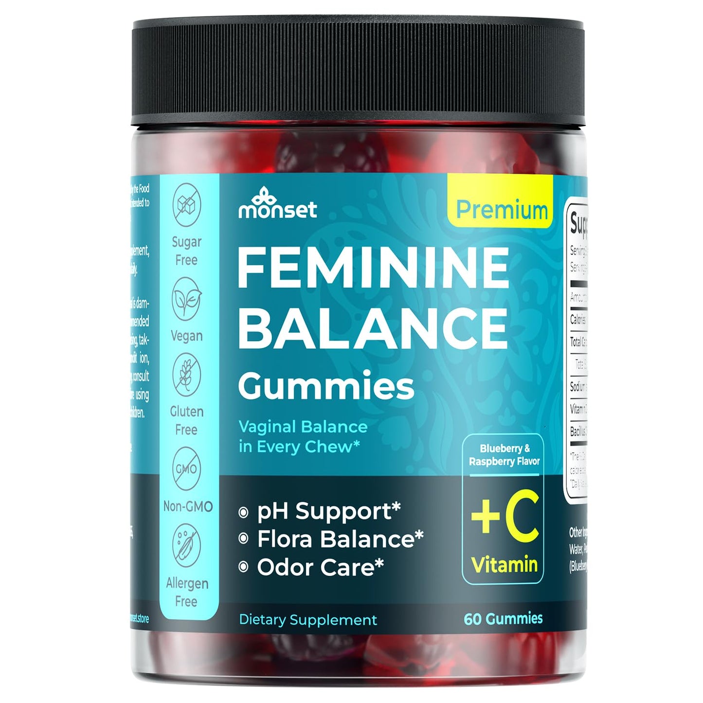 MONSET Feminine Balance Gummies Vaginal Probiotics pH Balance & Odor Control Berry Flavor Vaginal Health Supplement, 60 Gummies