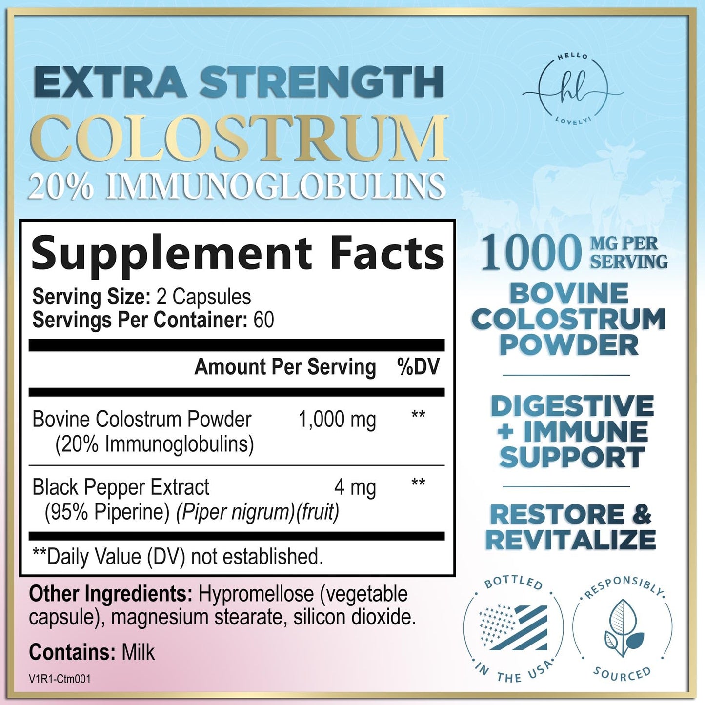 Hello Lovely! Bovine Colostrum Powder 1000mg Per Serving Capsules 120 Count