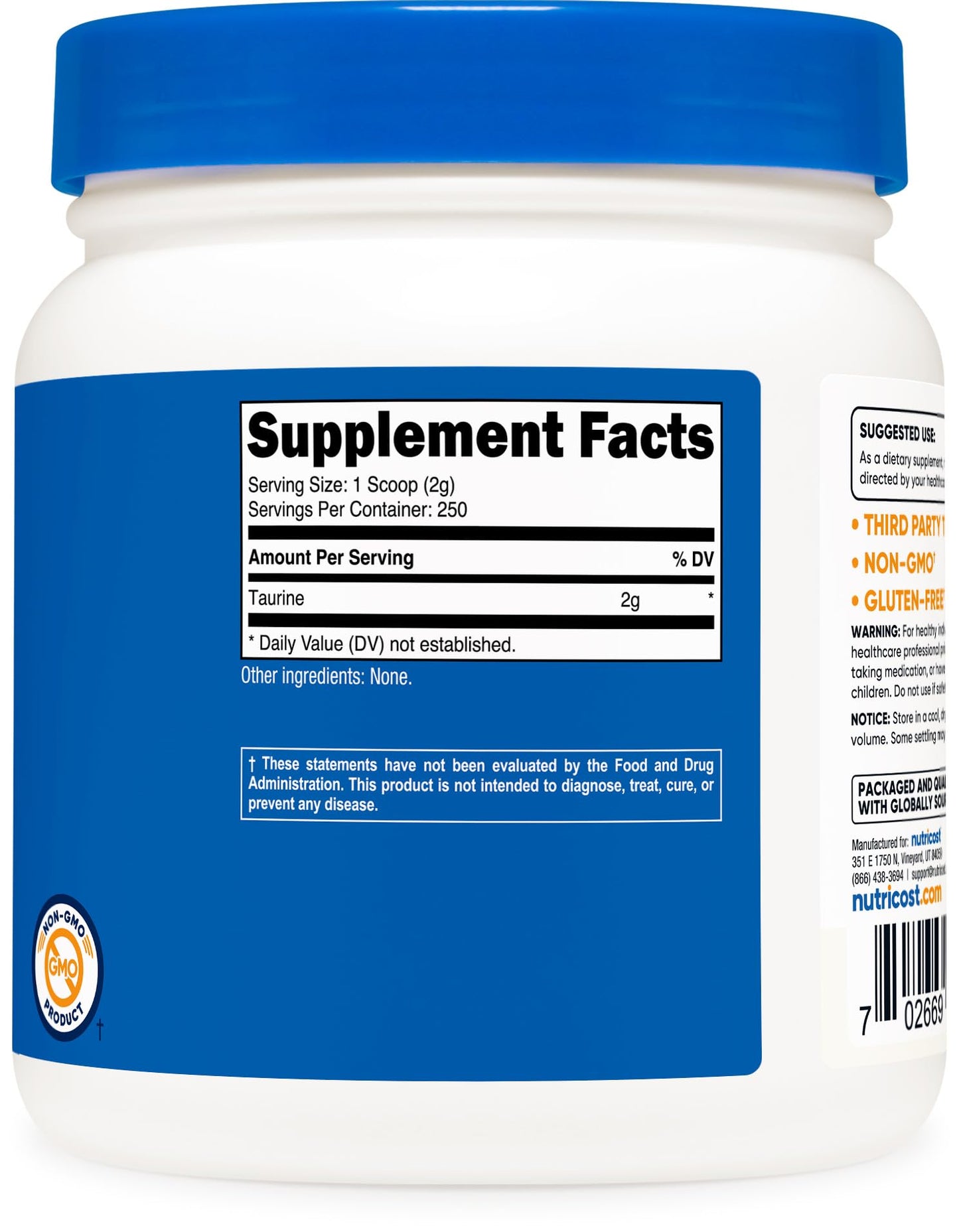 Nutricost Taurine Powder 500 Grams, 250 Servings