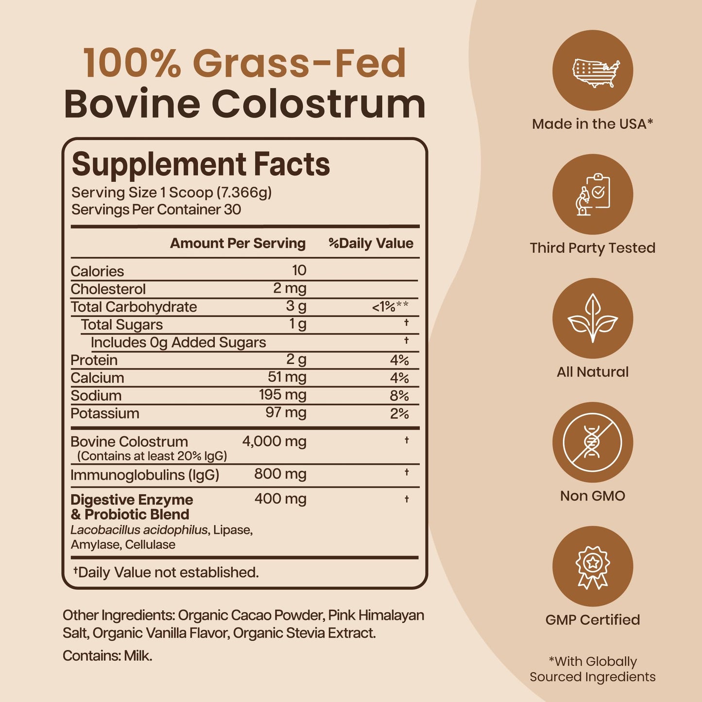 Baese Nutrition Organic Chocolate Colostrum Powder with Probiotics, 7.79 oz