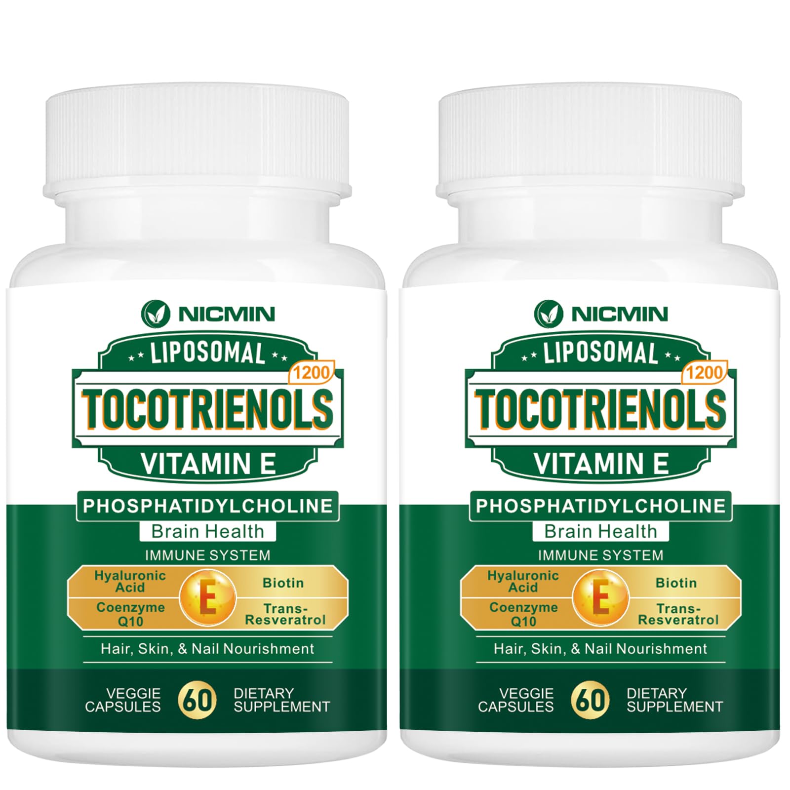 NICMIN 1200MG Vitamin E Tocotrienols Liposomal Supplement with Phosphatidylcholine, 95% Delta-tocotrienols and 5% Gamma-tocotrienols, High Absorption for Heart and Brain Function, Capsule, 120