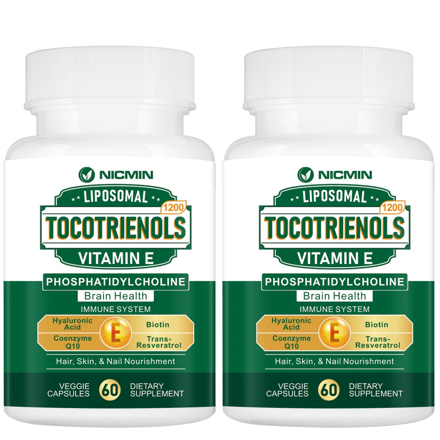 NICMIN 1200mg Vitamin E Tocotrienols Liposomal Tocotrienols Supplement with Phosphatidylcholine, 95% Delta-tocotrienols and 5% Gamma-tocotrienols, High Absorption, 120 Capsules
