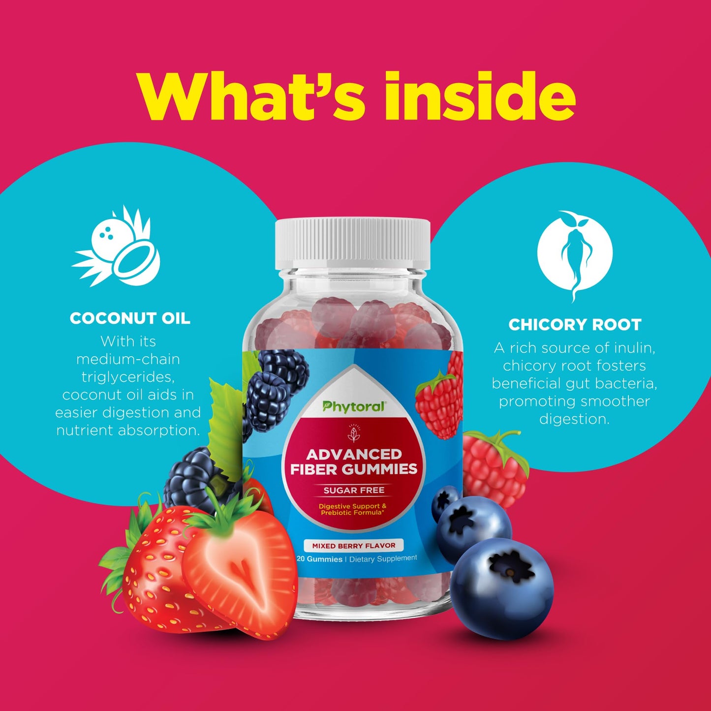 Phytoral Fiber Gummies for Adults with Chicory Root Prebiotic Support, Sugar Free & Vegan, 120 Gummies