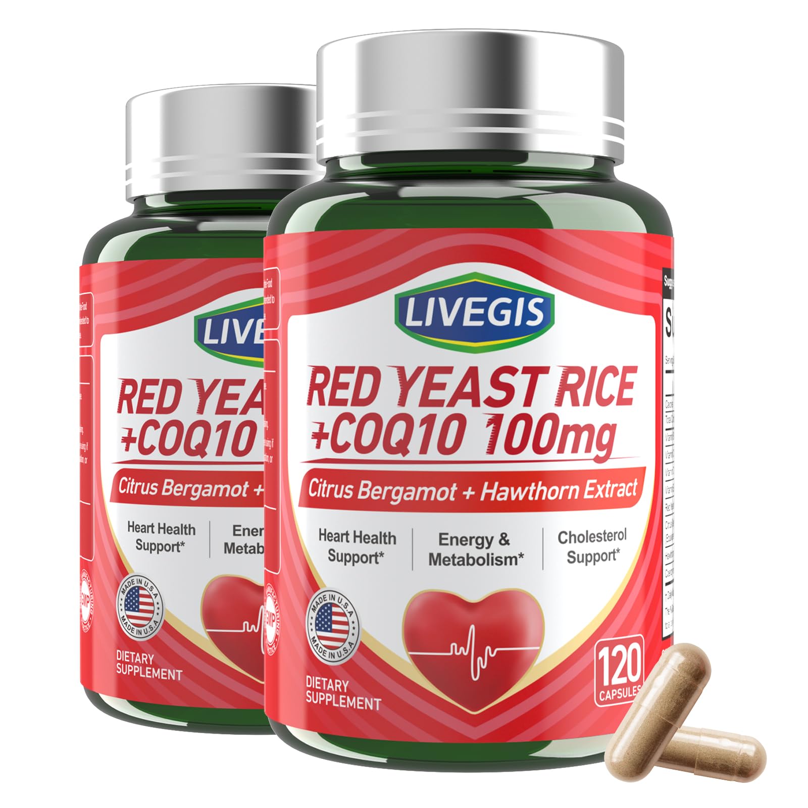 LIVEGIS Red Yeast Rice 2000mg with CoQ10 100mg Citrinin Free Heart Health Supplement with Citrus Bergamot & Hawthorn - Supports Healthy Cholesterol Levels - Softgel 240 Count
