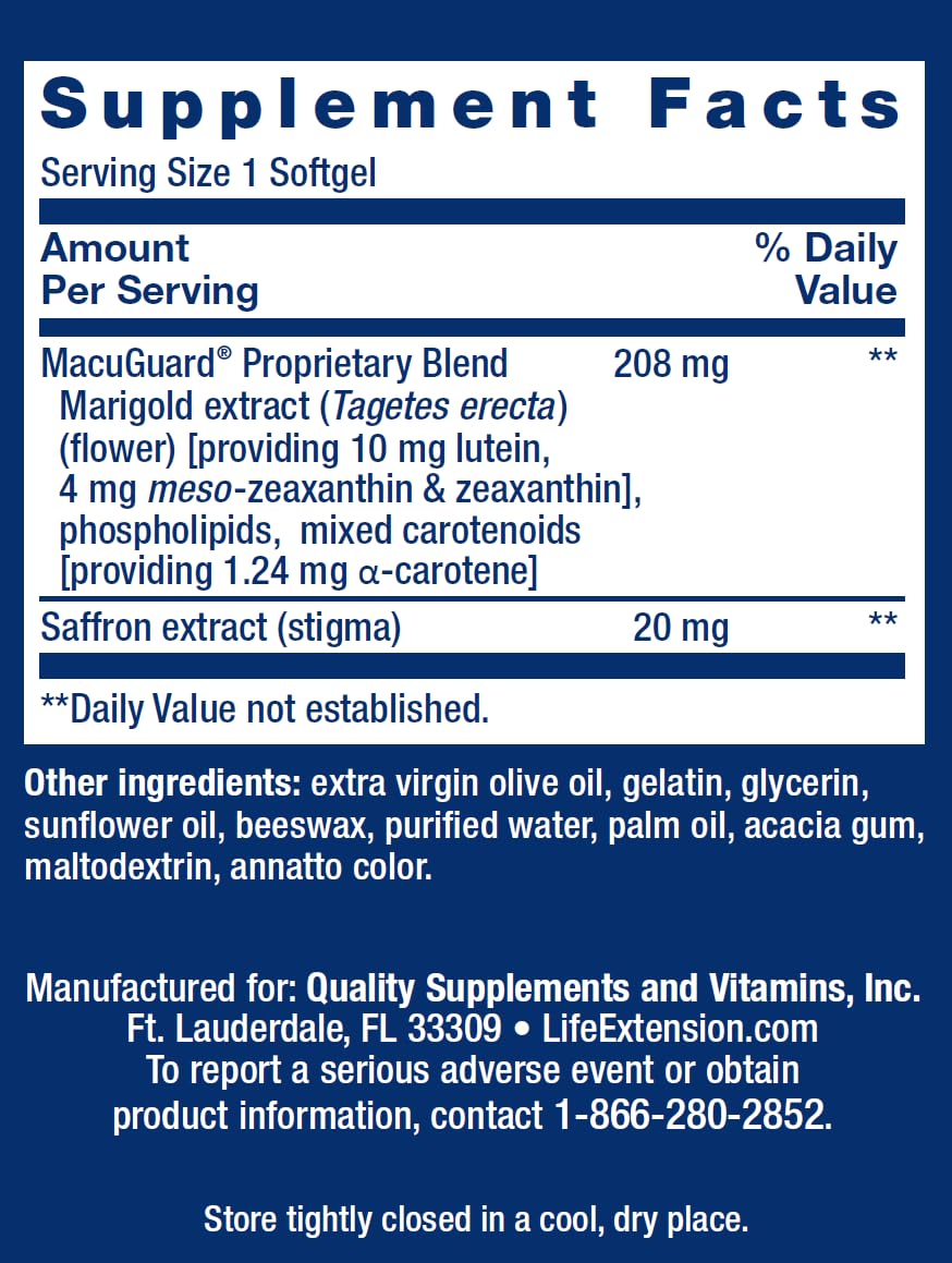 Life Extension MacuGuard Ocular Support with Saffron Softgels 100
