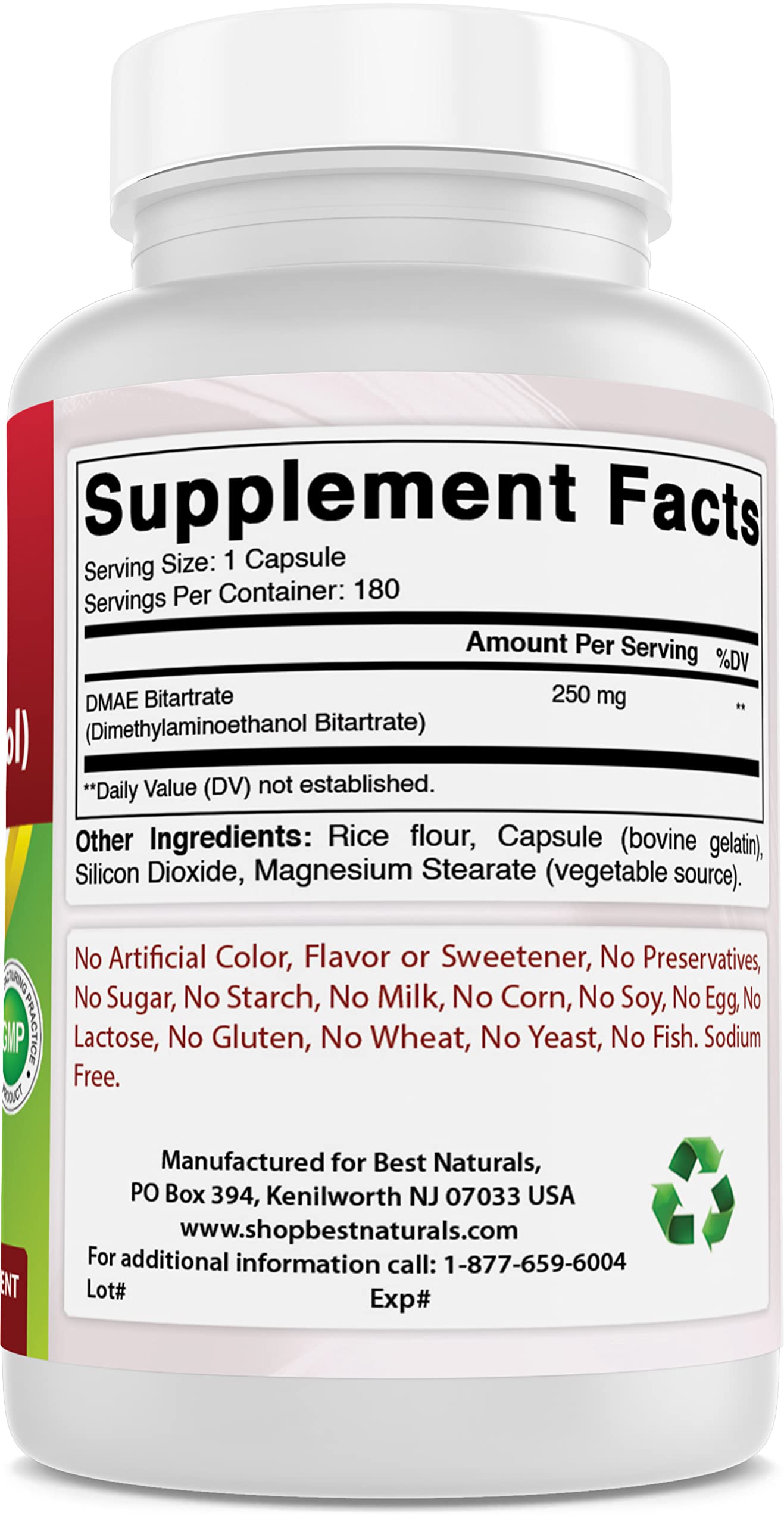Best Naturals DMAE Supplement 250 mg & Vitamin B1 as Thiamine Mononitrate 100 mg, Capsules and Tablets, 120 Count