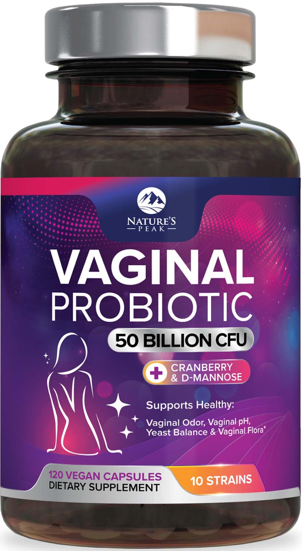 Nature's Peak Vaginal Probiotics for Women pH Balance with Prebiotics, 50 Billion CFU, 10 Strains, Cranberry & D-Mannose, Capsules, 120 Capsules