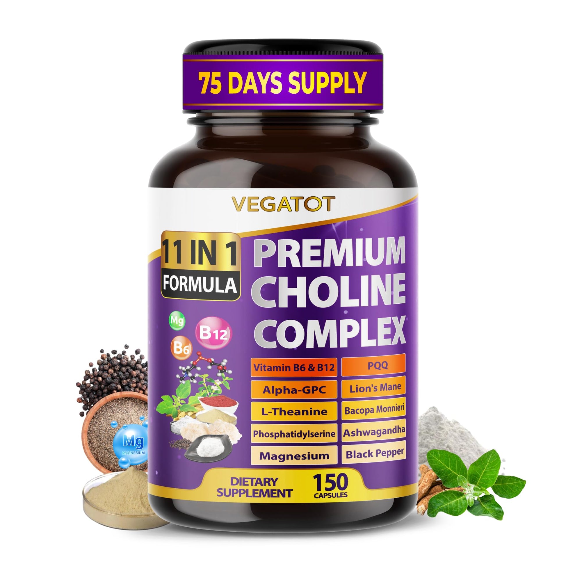 VEGATOT Ultra Organic Choline Complex 10-in-1 Formula Capsule, 150 Count
