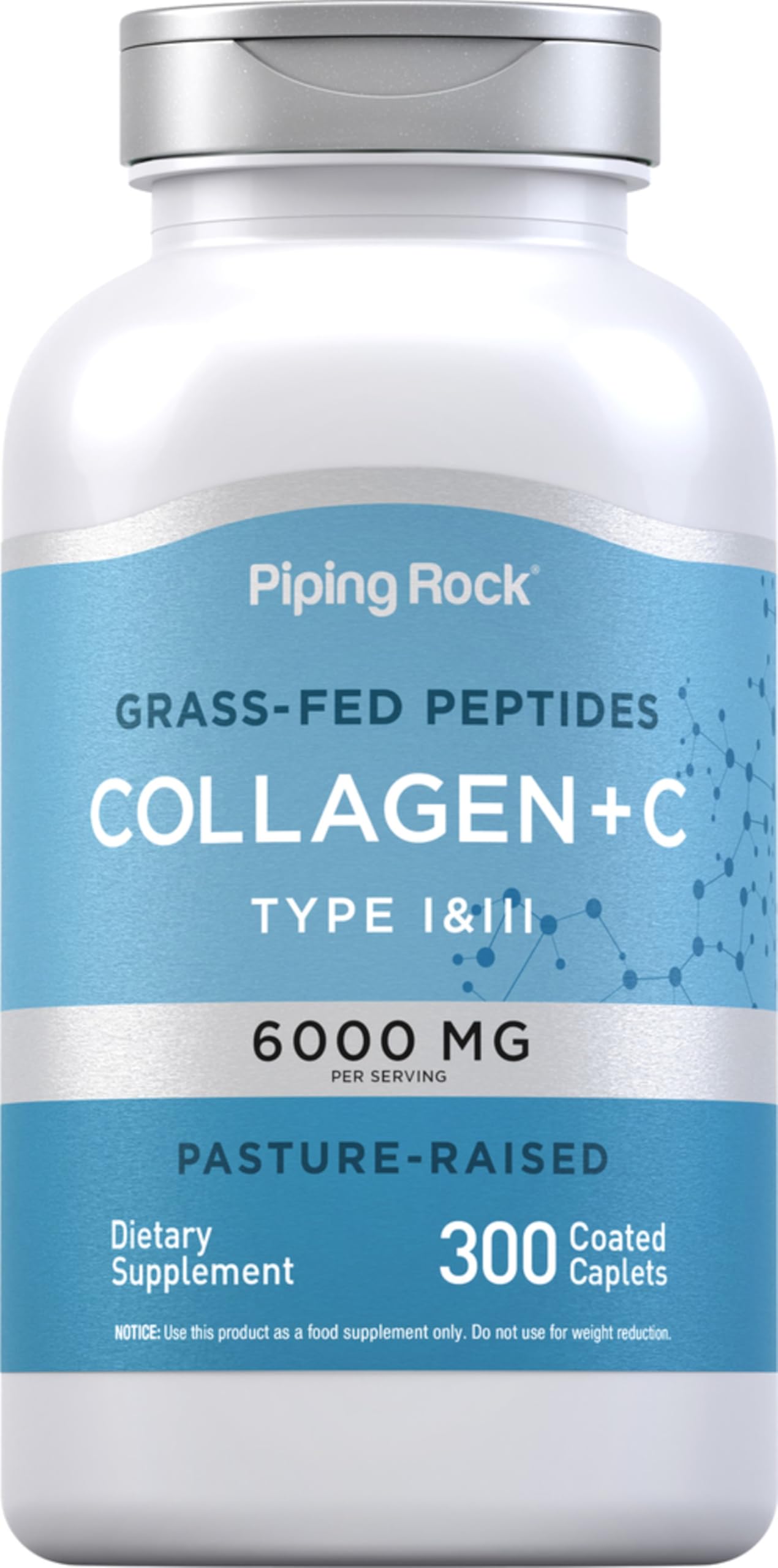 Piping Rock Collagen Peptides Plus Vitamin C Caplets 6000mg, 300 Count