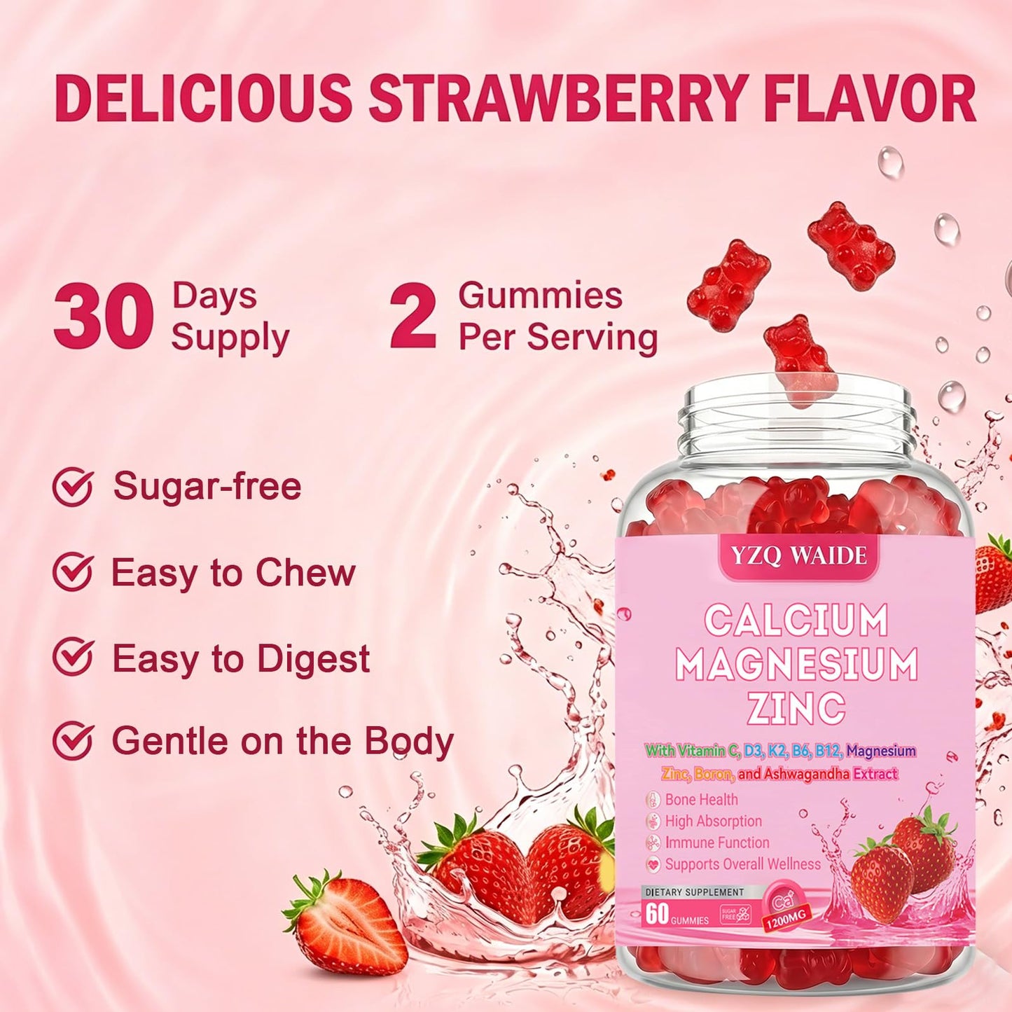 YZQ WAIDE Calcium Magnesium Zinc Gummies with Vitamin C, B6, D3, B12 High Absorption Calcium 1200 mg, Sugar Free, 60 Gummies