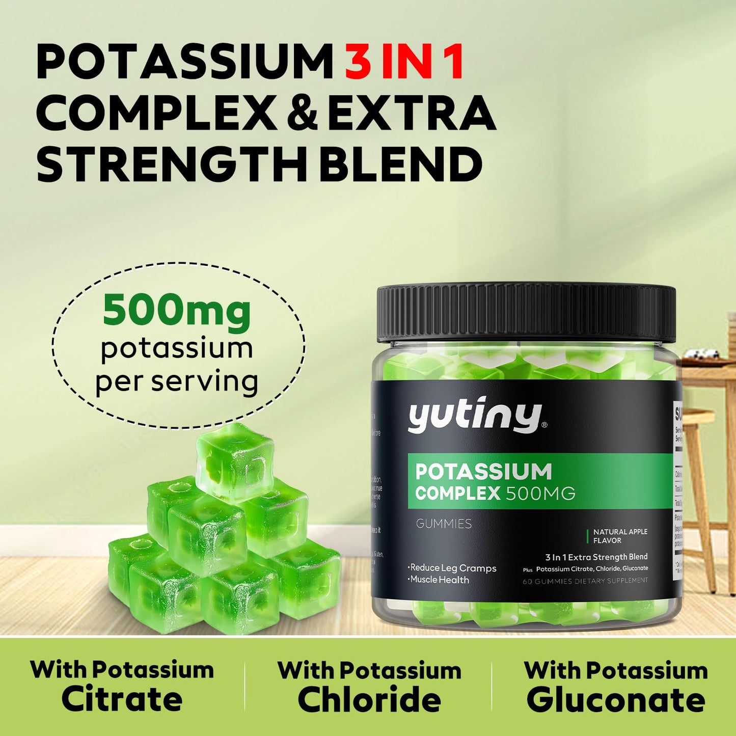 Yutiny Potassium Supplement 500mg 3 in 1 Complex Gummies 60 Count