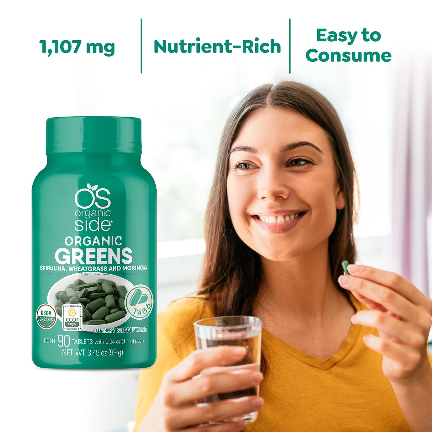 OS Organic Side Organic Greens (Spirulina, Wheatgrass & Moringa) Tablets 3.4 Ounce