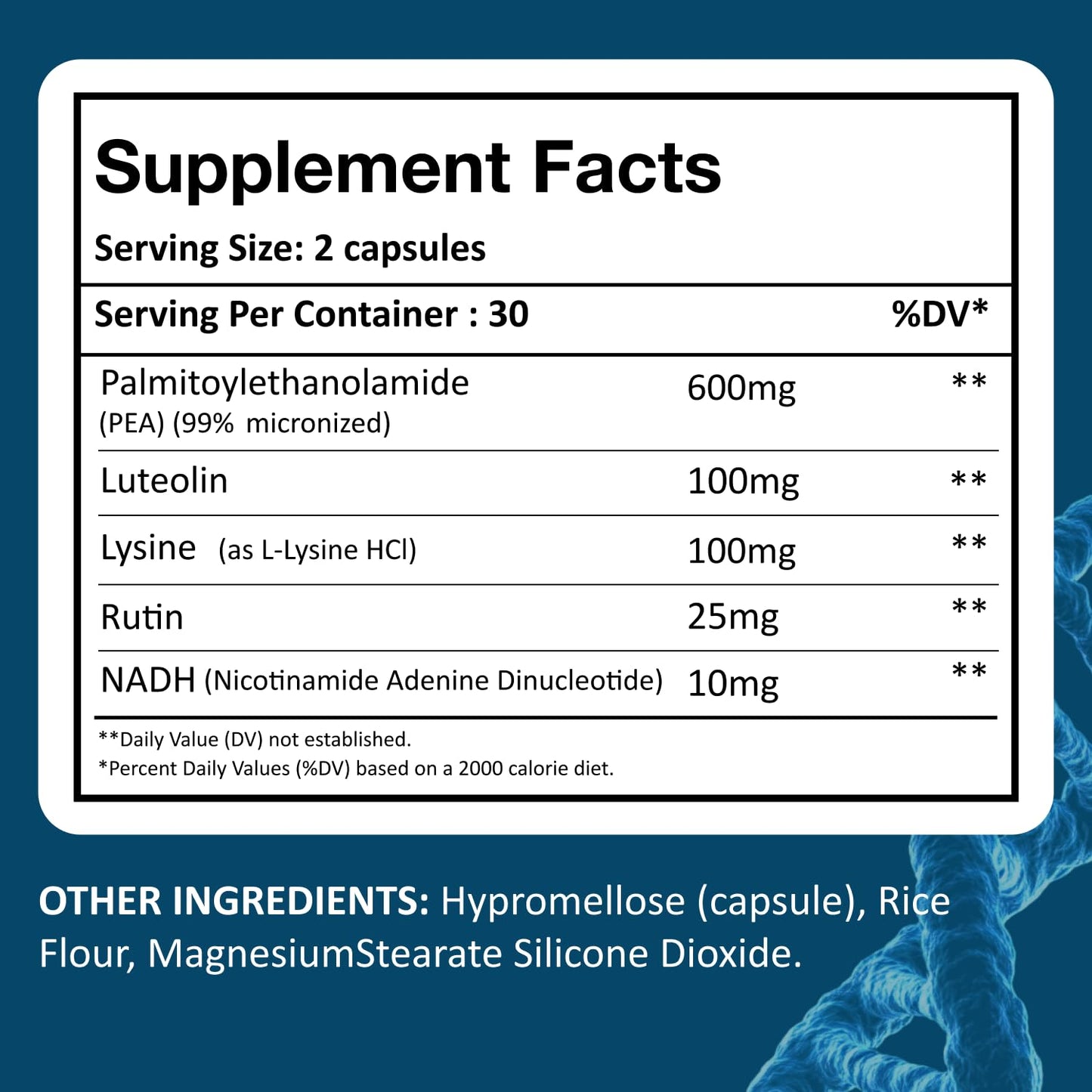 XpandAge Life Sciences Palmitoylethanolamide (micronized pea) with Luteolin, NADH, Rutin and Lysine for Immunity, Nervous System Support and Overall Wellness, Capsule, 60 Count