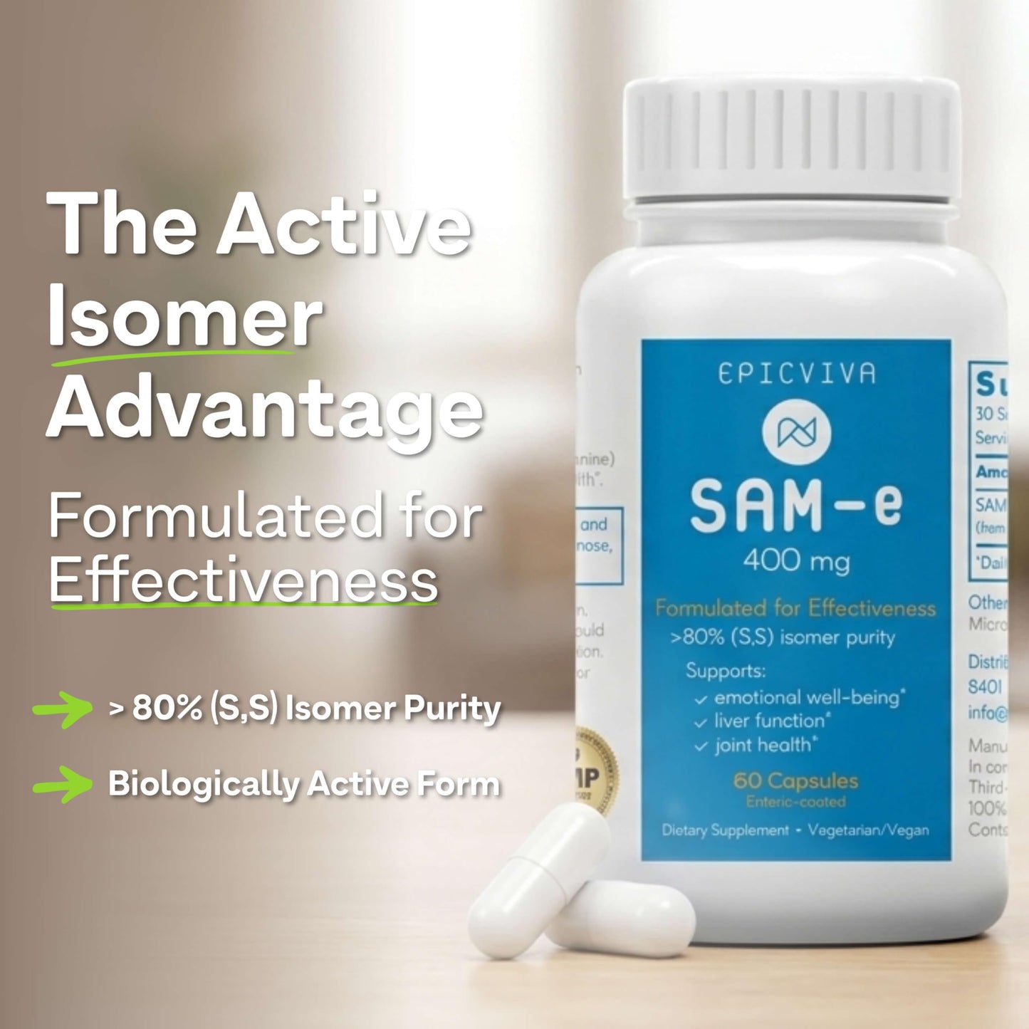 EPICVIVA SAMe 400 mg Capsule, >80% Active S,S Form, Supports Mood, Joints & Liver, 60 Count