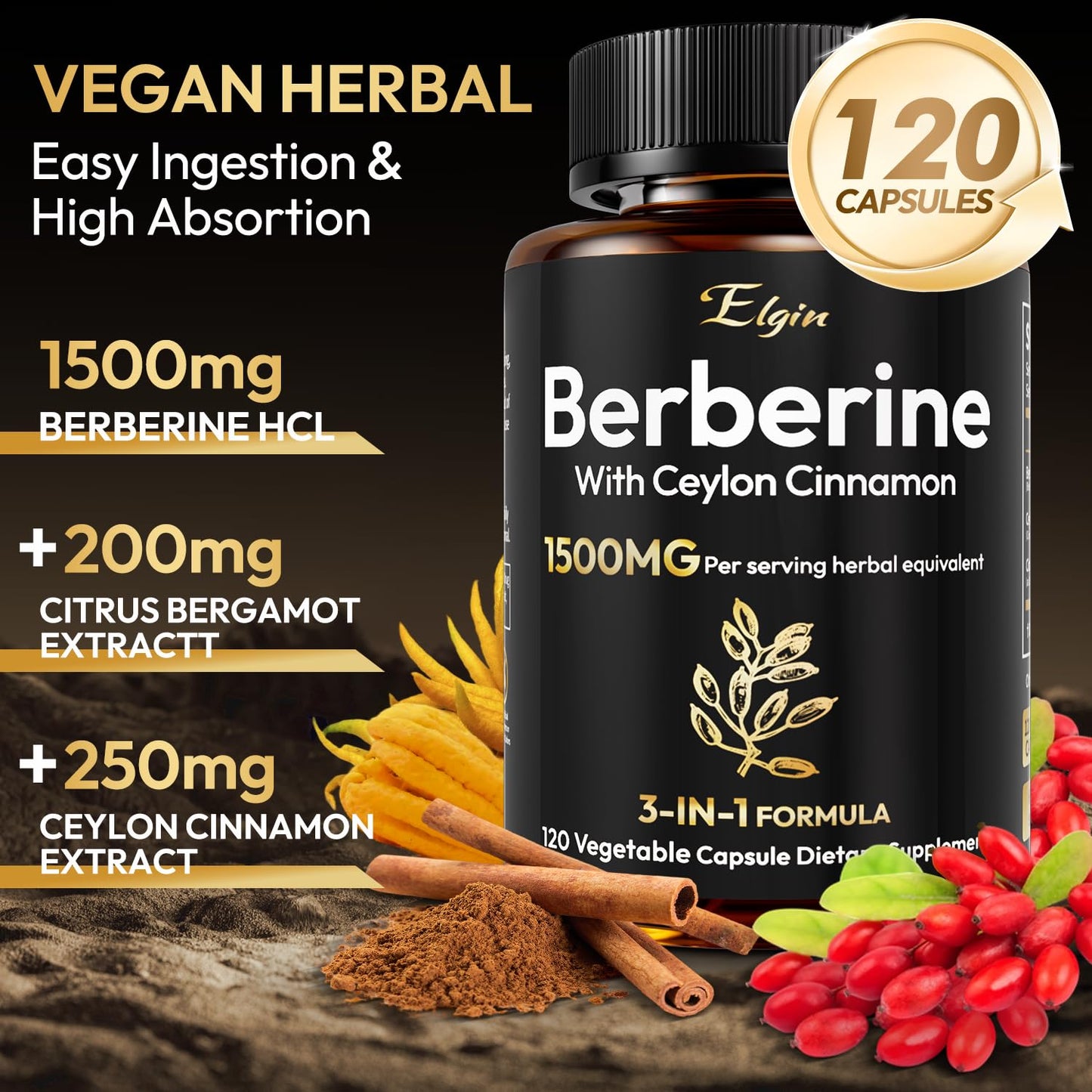 LSOIUX Berberine HCl 1500mg with Ceylon Cinnamon & Citrus Bergamot Triple Action Formula for Metabolic Support Capsules, 120 Count