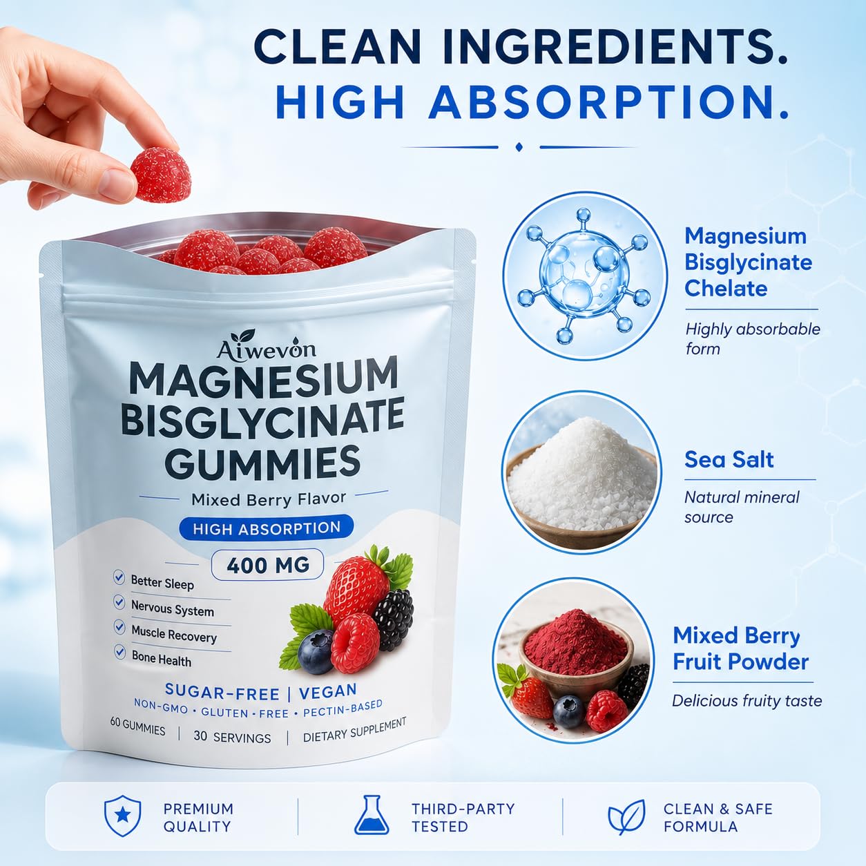 Aiwevon Magnesium Bisglycinate Gummies 400mg, 60 Count