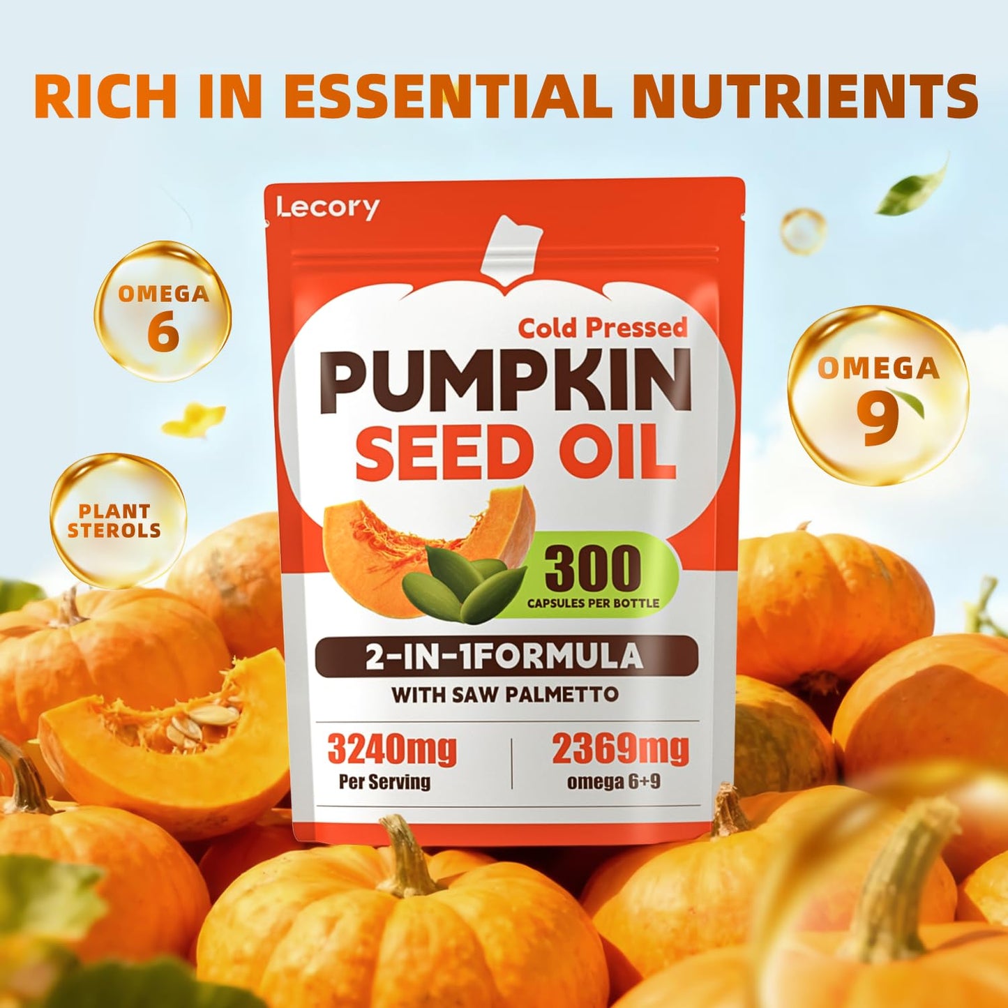 Lecory Pumpkin Seed Oil with Saw Palmetto Softgels, 300 Count