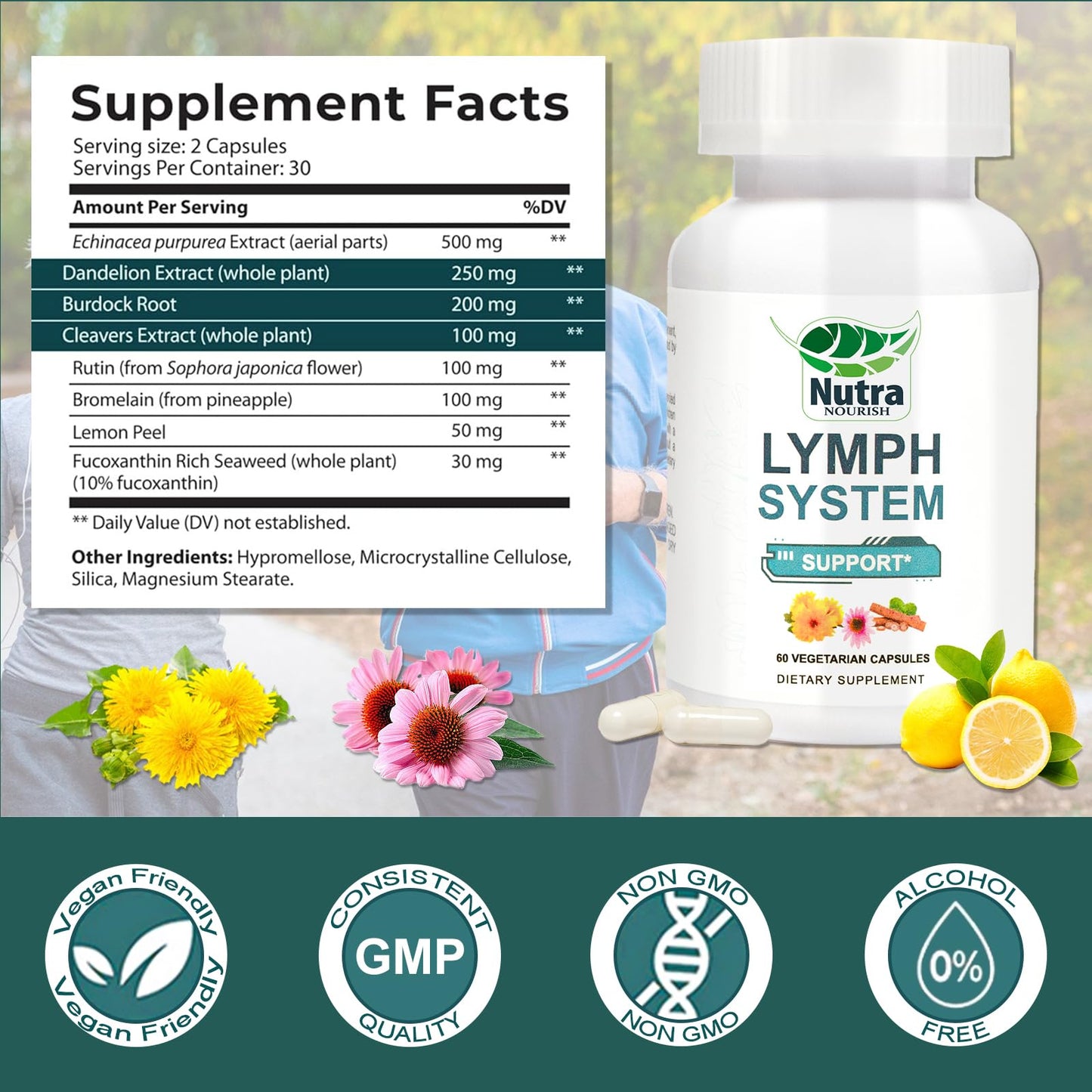 NutraNourish Lymphatic Drainage Supplement with Dandelion, Echinacea & Bromelain Extracts, Lymph System Support for Men and Women, Capsules, 60 Count