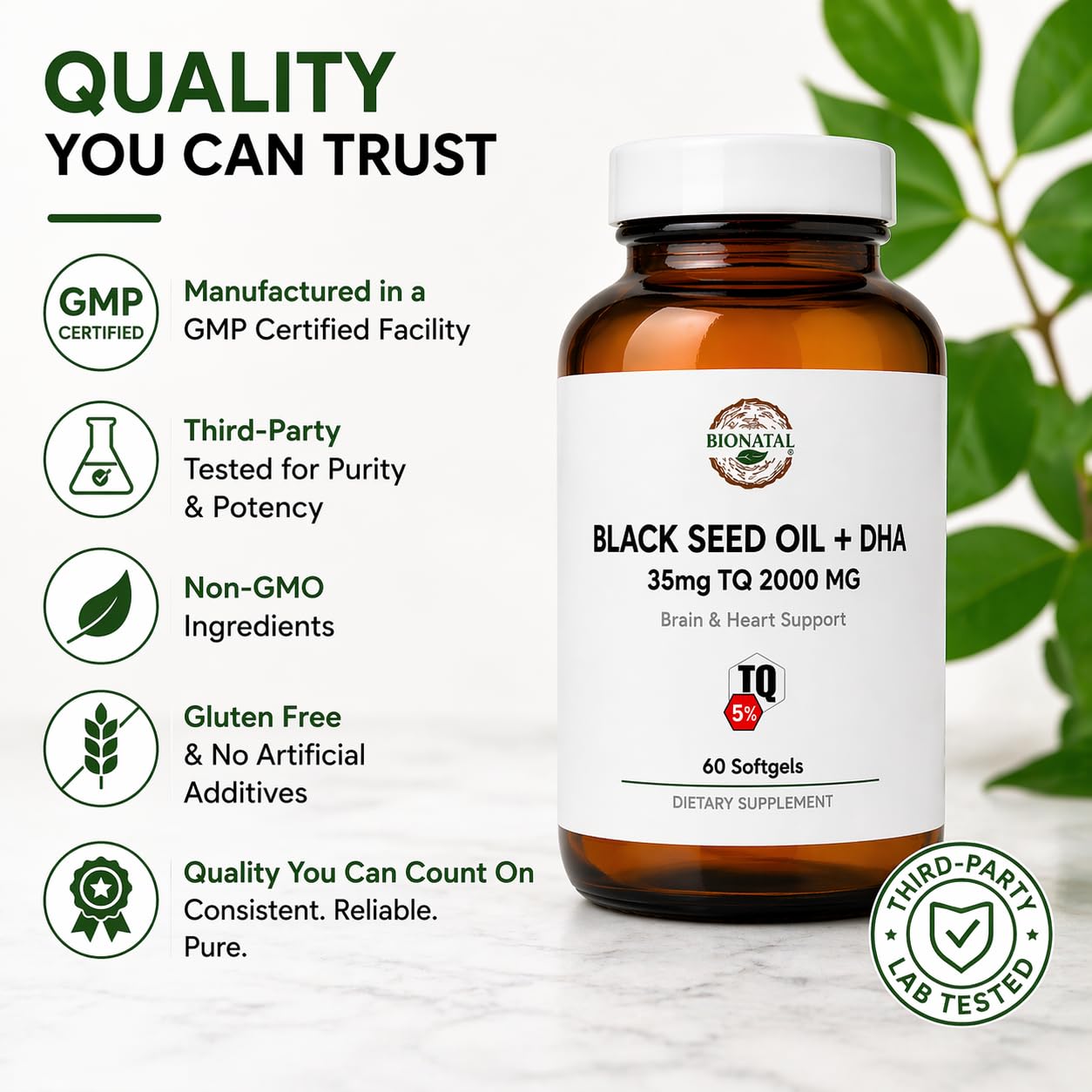 BioNatal Premium Black Seed Oil + DHA Softgels – 5% Thymoquinone (TQ) – Algal Oil Omega-3 & Organic Flaxseed Oil – 2000mg Total Complex – Supports Immunity, Brain, and Joint Health – 60 Softgels