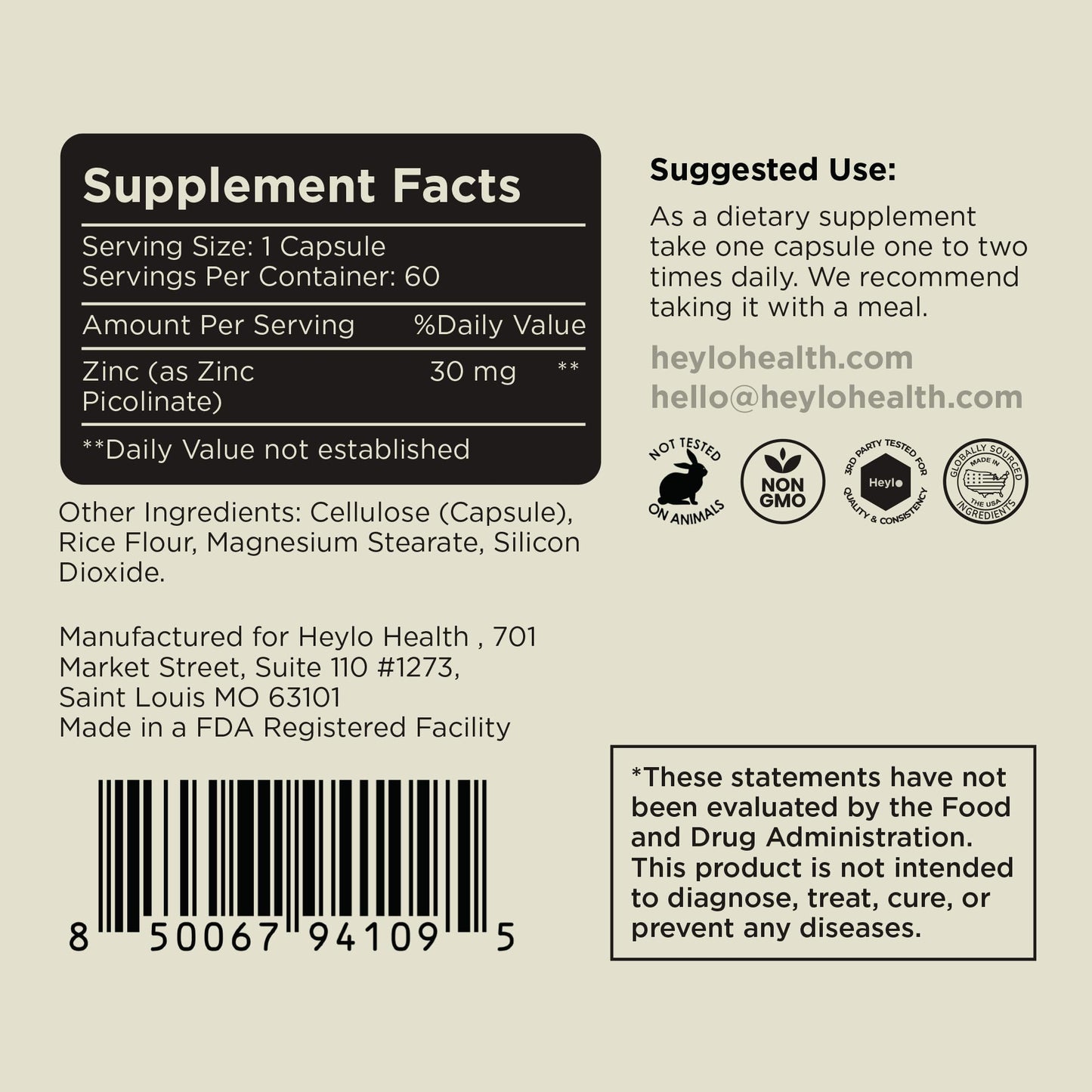 Heylo Health Zinc Picolinate 30 mg, 60 Capsules