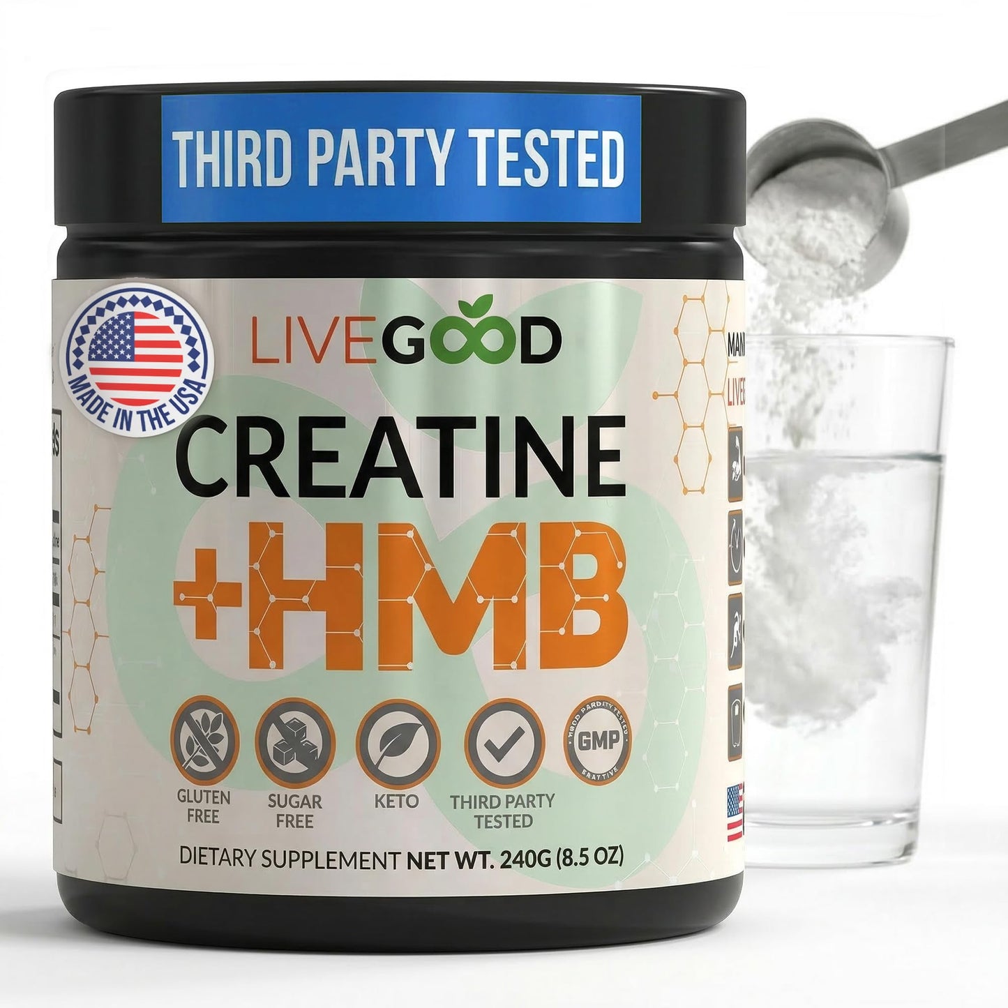 LIVEGOOD Creatine Monohydrate with HMB Powder, Unflavored, 8.5 oz