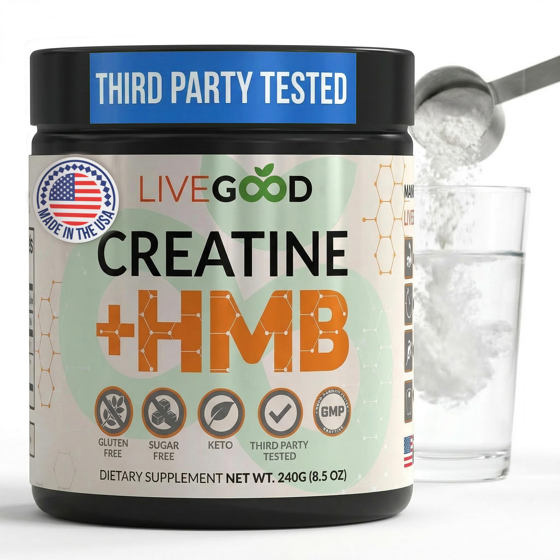LIVEGOOD Creatine Monohydrate with HMB Powder, Unflavored, 8.5 oz