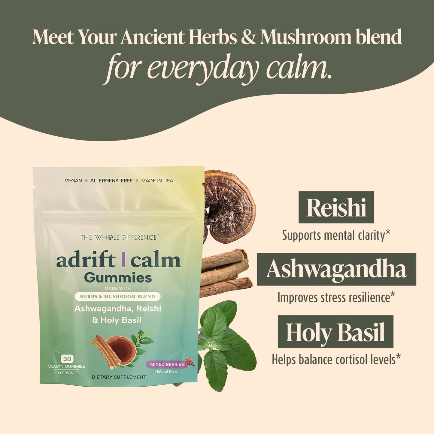 The Whole Difference Ashwagandha, Reishi Mushroom and Holy Basil Gummies 30 Count