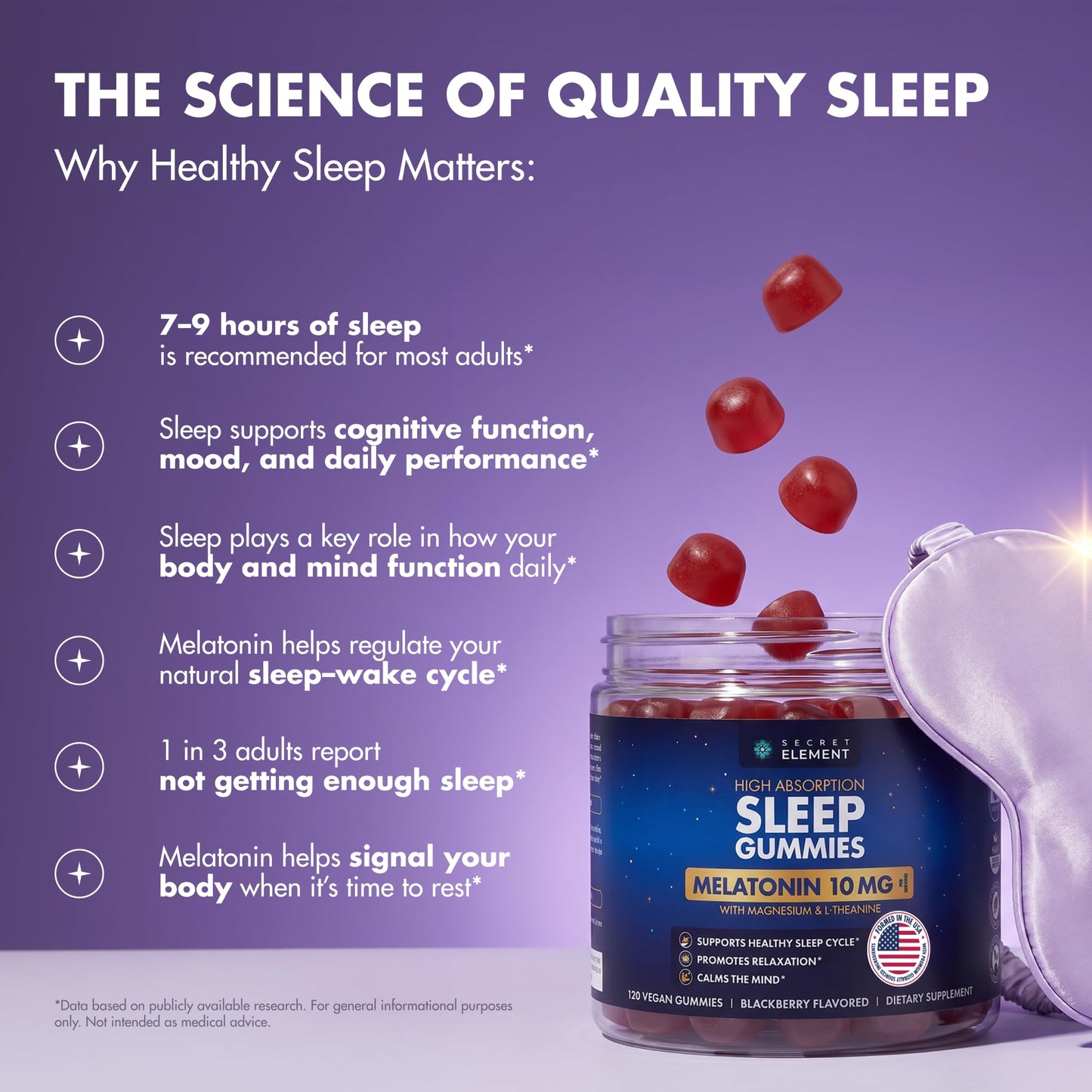Secret Element Sleep Gummies – Nighttime Relaxation & Sleep Cycle Support with Melatonin 10 mg, Magnesium & L-Theanine – Vegan, Sugar Free, Non-GMO – BlackBerry, 120 Gummies