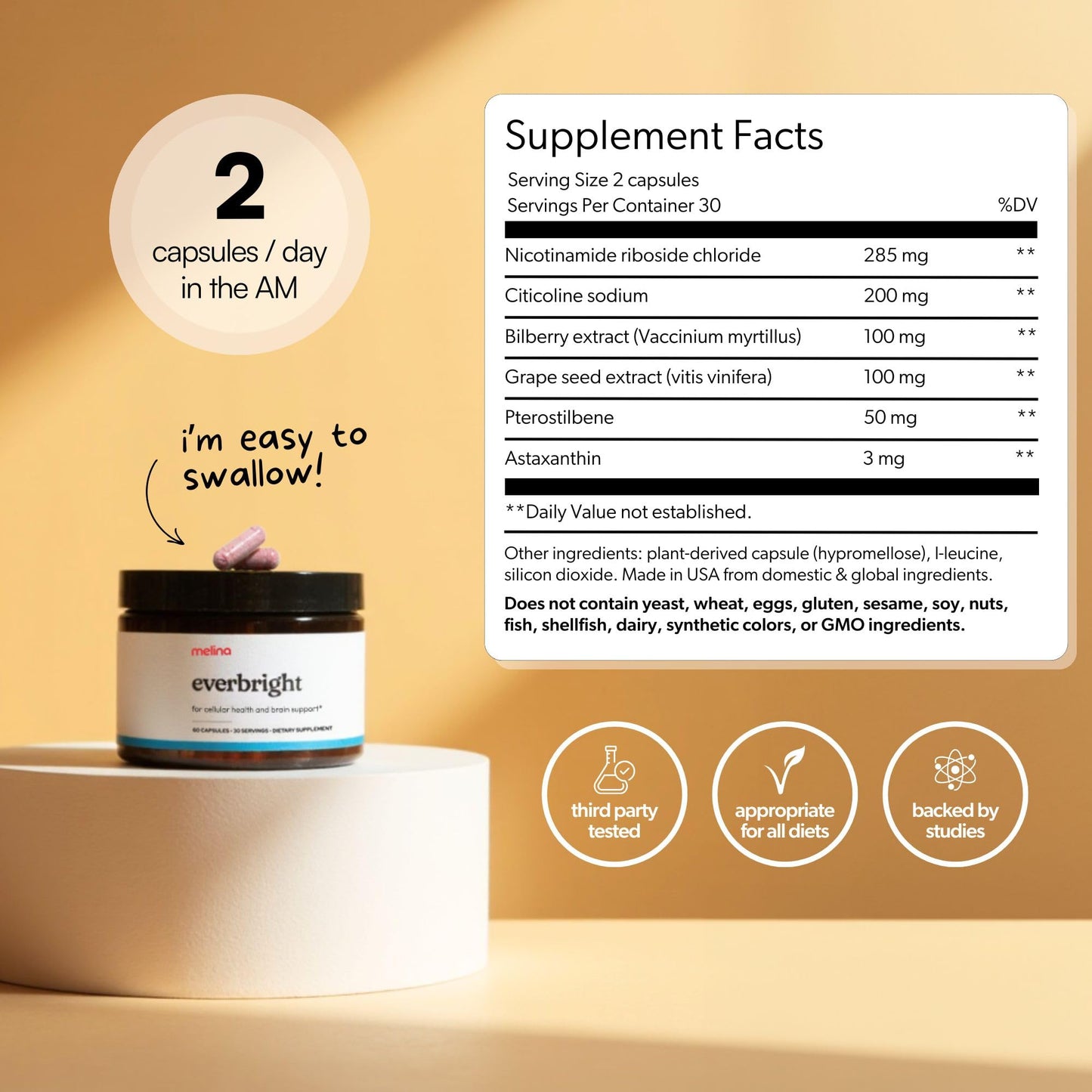 Melina Everbright NAD+ Supplement for Women 40+ - Nicotinamide Riboside NR, Citicoline, Pterostilbene & Astaxanthin - Supports Cellular Energy, Focus & Healthy Aging, 60 Capsules