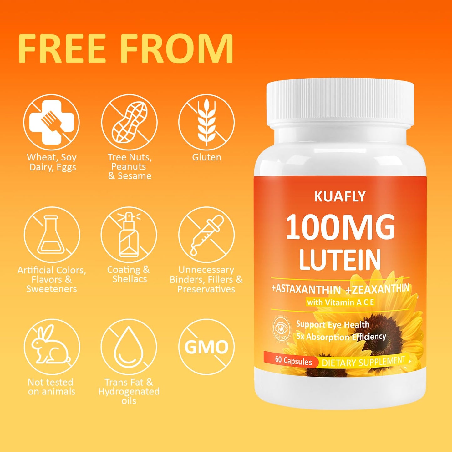 KUAFLY Lutein and Zeaxanthin with Astaxanthin Eye Vitamins 50mg Capsules, 60 Count