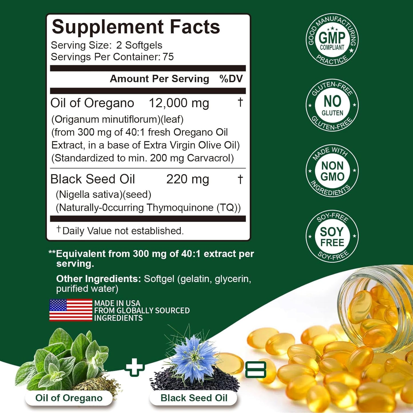 Keszciy Oil of Oregano with Black Seed Oil, 2 in 1 Oregano Supplement for Immune Health Softgels, 150 Count