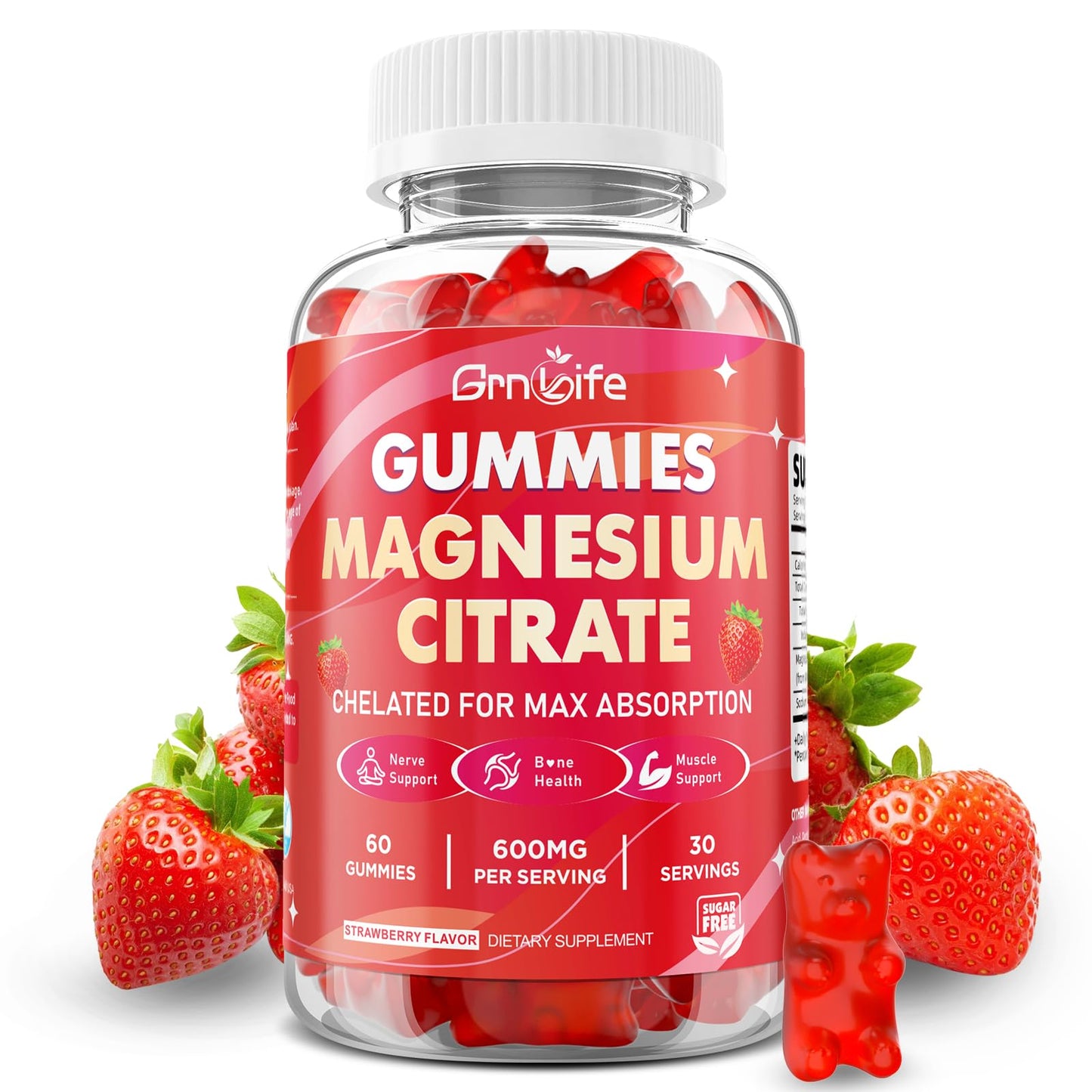 GrnLife Magnesium Citrate Gummies 600mg, High Absorption Magnesium Supplement, Vegan, Strawberry Flavor, 60 Count
