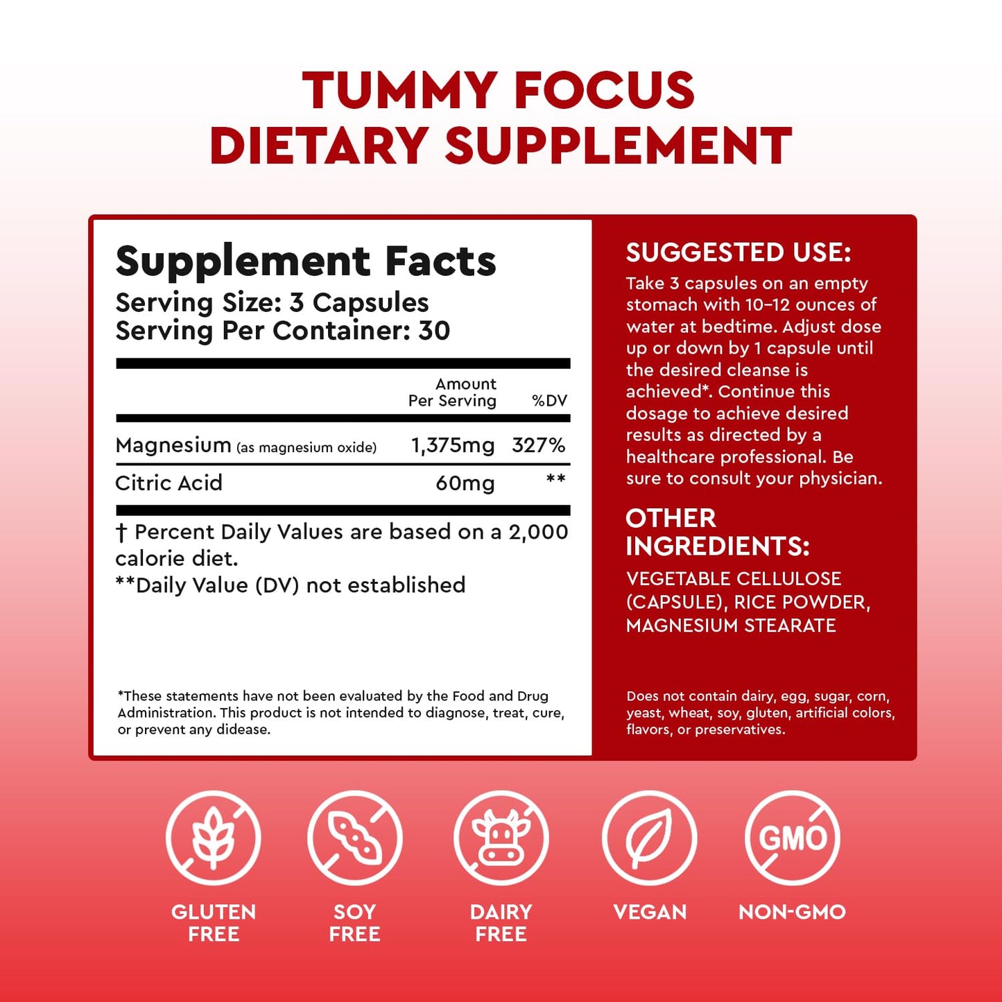Health Focused JJ Smith Tummy Focus Magnesium Digestive Cleanse for Gut Regularity Capsules, 90 Count