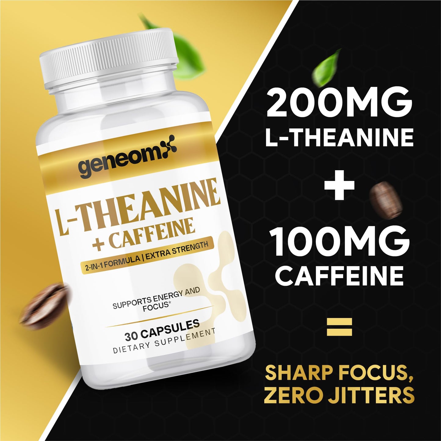Geneomx L-Theanine + Caffeine Supplement Extra Strength 2-in-1 Formula for Mental Clarity, Energy and Focus with Natural Green Coffee Bean Extract Capsule, 30 Count