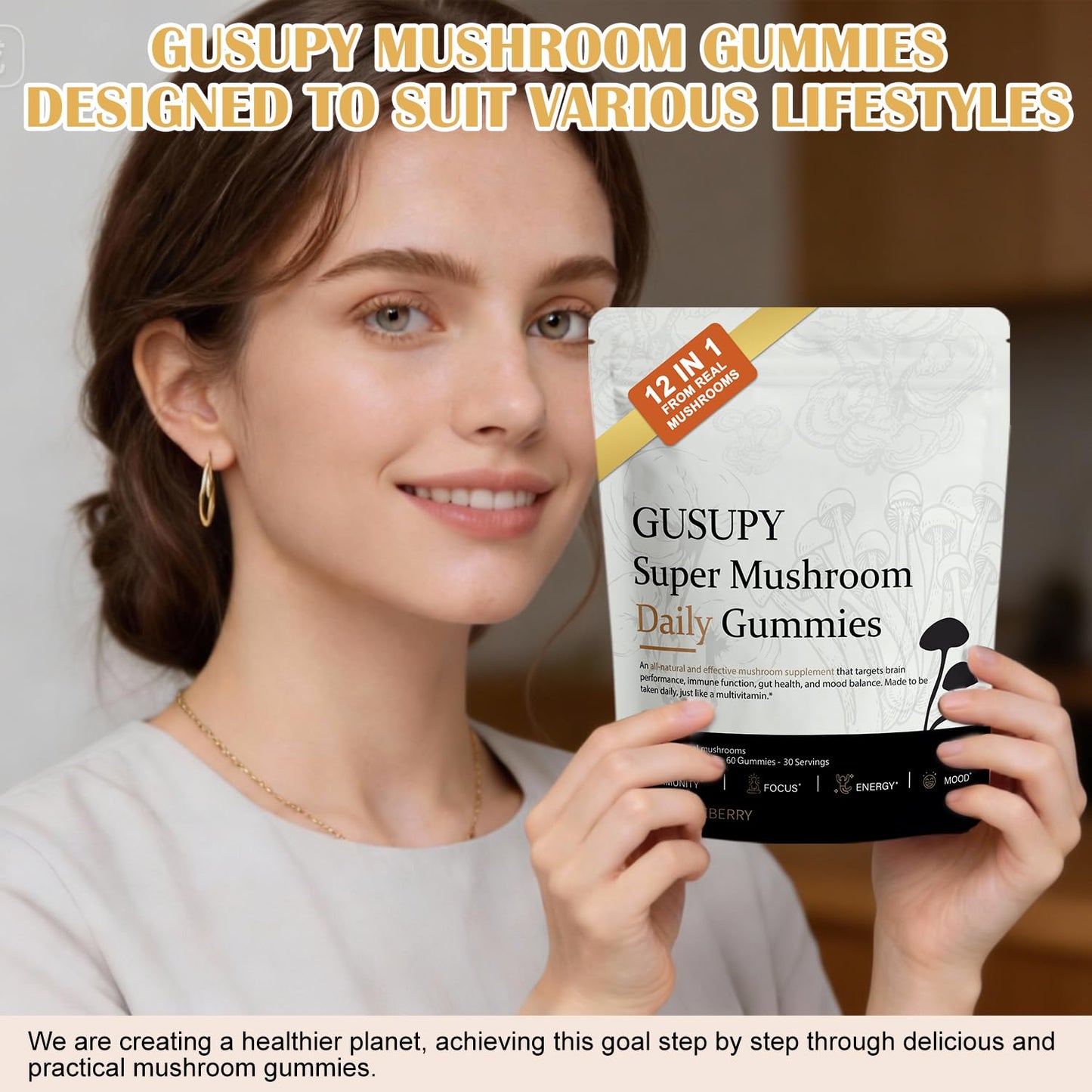 GUSUPY Lions Mane Mushroom Supplement Gummies, 60 Gummies