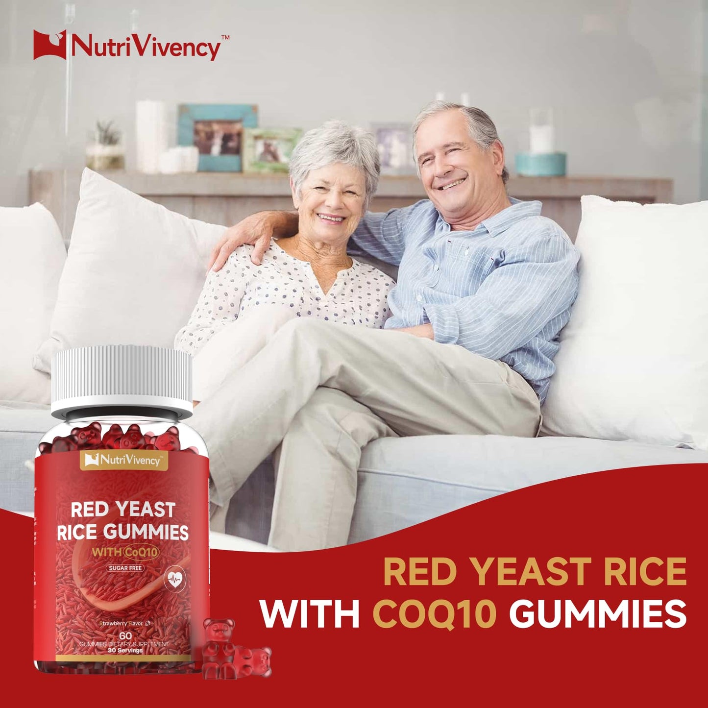 NutriVivency Red Yeast Rice 2400mg with CoQ10 200mg Gummies, Sugar Free, Vegan, Non-GMO, Strawberry Flavor, 60 Gummies