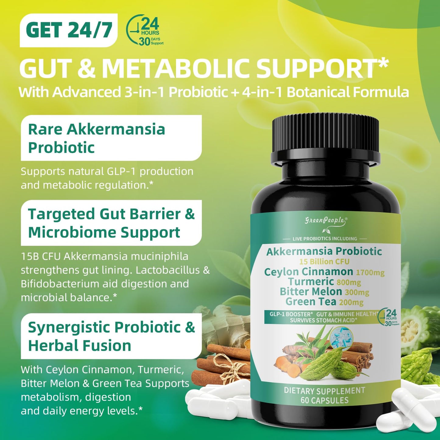 GREENPEOPLE Akkermansia Probiotics 15B CFU for Gut Function, 60 Capsules