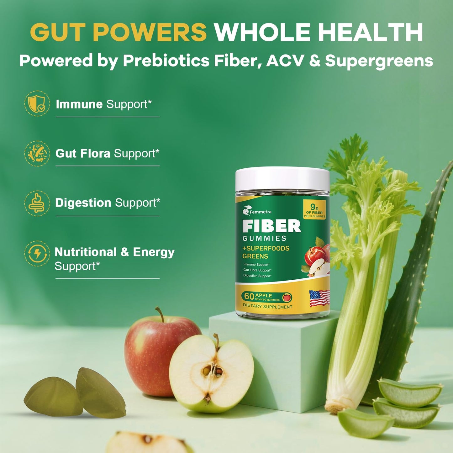 Femmetra 9G Fiber Gummies for Digestive Health & Regularity - No Sugar Added Apple Flavor - Prebiotic Fiber Supplement with Greens, 60 Gummies