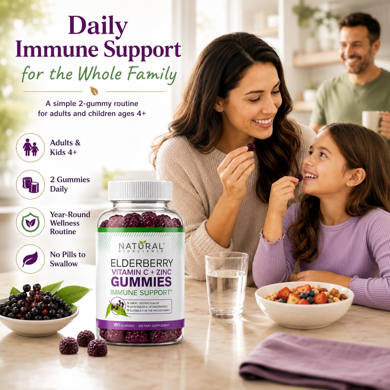 Natural BioScience Sambucus Elderberry Gummies with Zinc and Vitamin C, 60 Gummies