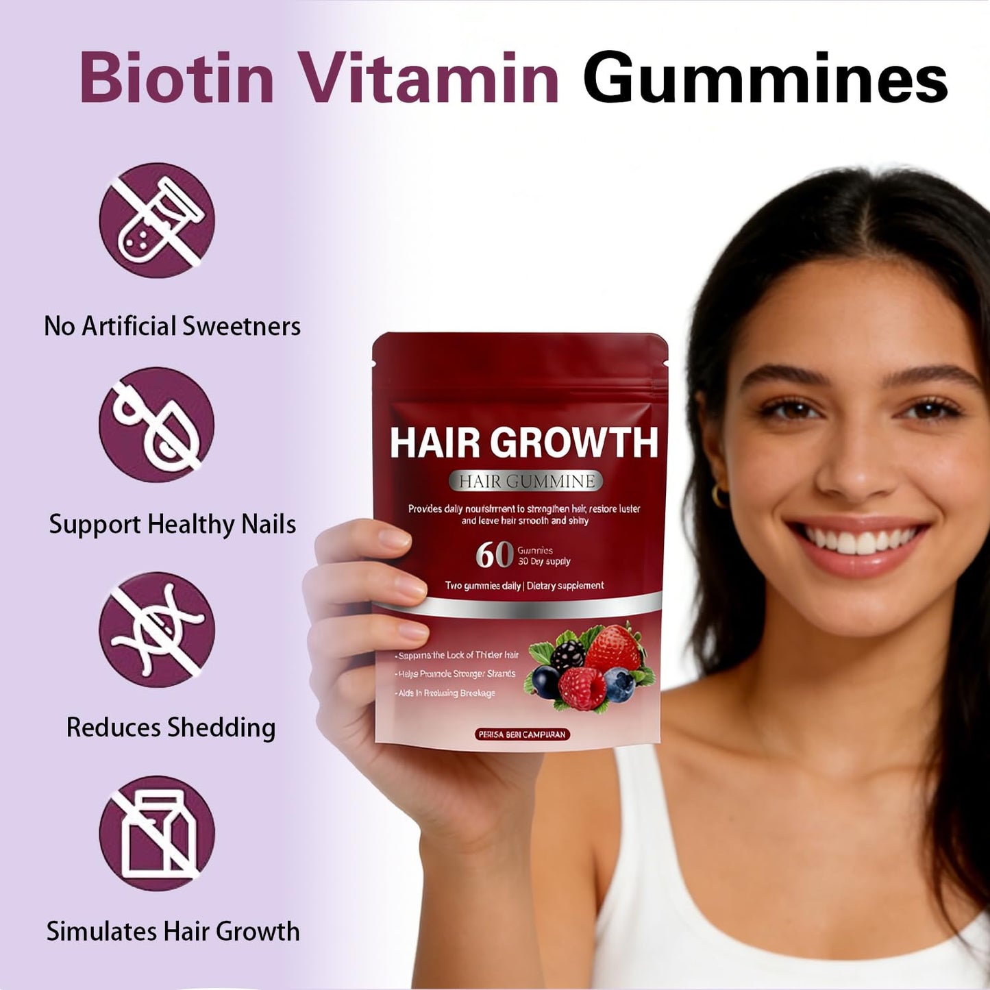 Umizze Hair Growth Gummies Biotin Soft Chews, Mixed Berry Flavor, 60 Count