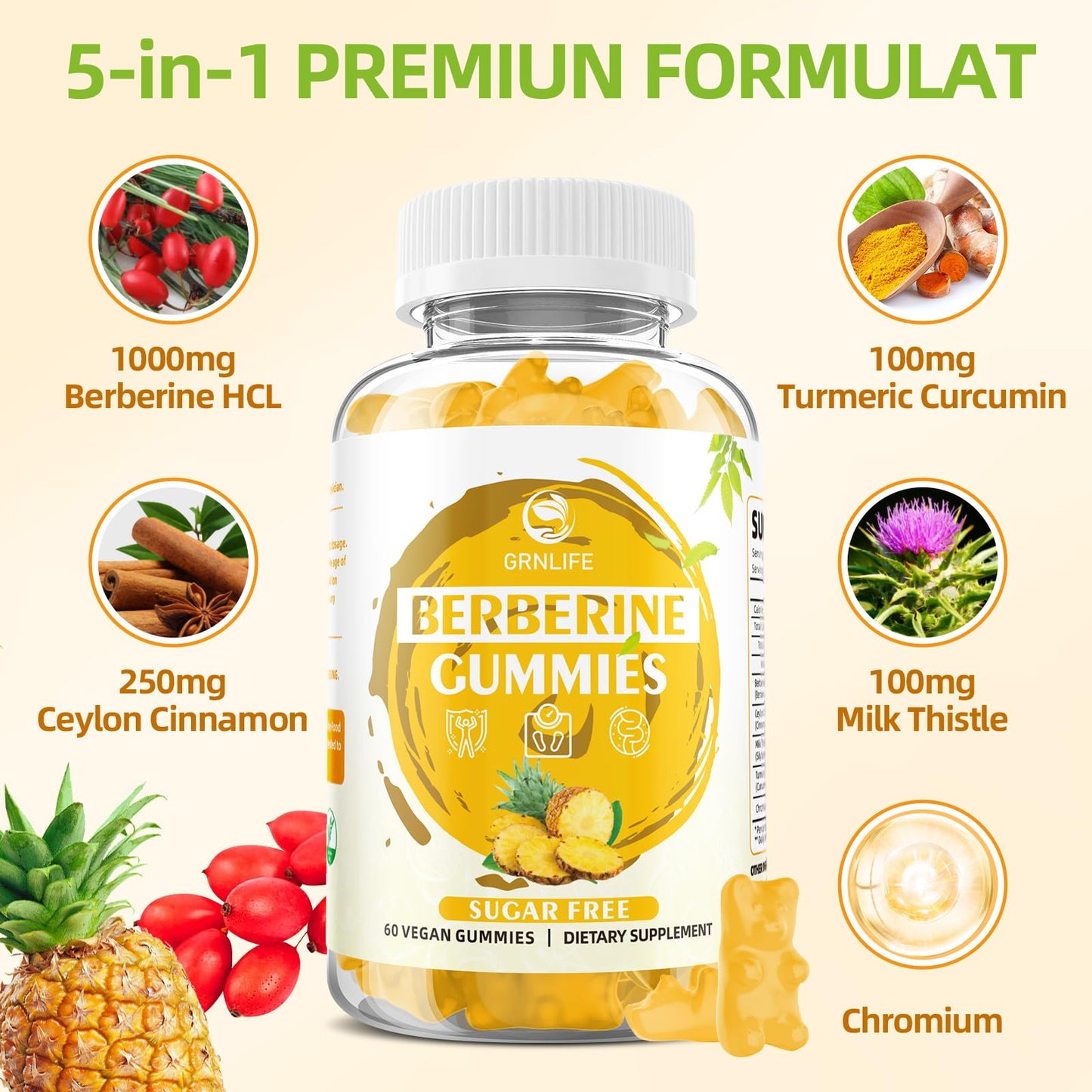 GrnLife Berberine with Ceylon Cinnamon High Potency Berberine HCL Supplement Gummies, 60 Count