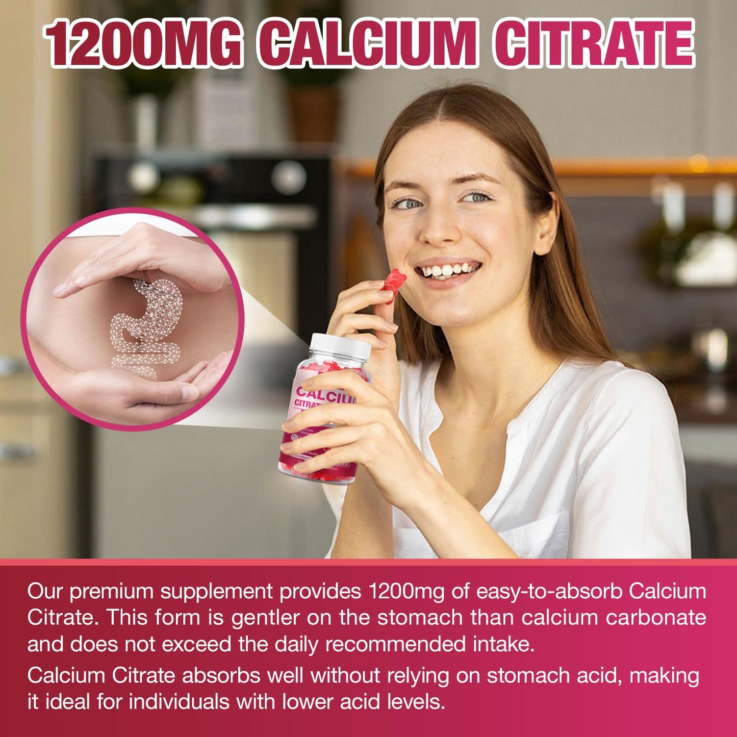 Haohan Calcium Citrate Gummies 1200mg - Sugar-Free Chewable Supplement for Women & Men with Bone, Muscle & Immune Support - Raspberry Flavor, 2-Pack