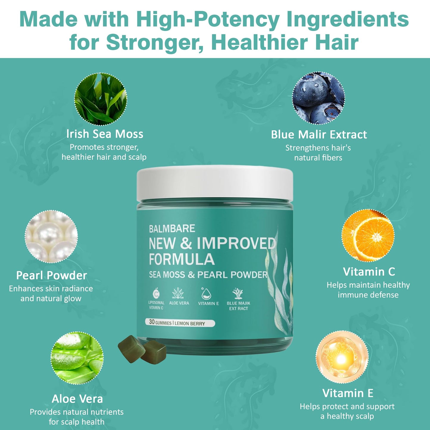 balmbare Revive Hair Gummies Sea Moss with Hair, Skin & Nails Vitamins, Pearl Powder, Vitamin E, Aloe Vera, Liposomal Vitamin C, 30 Count