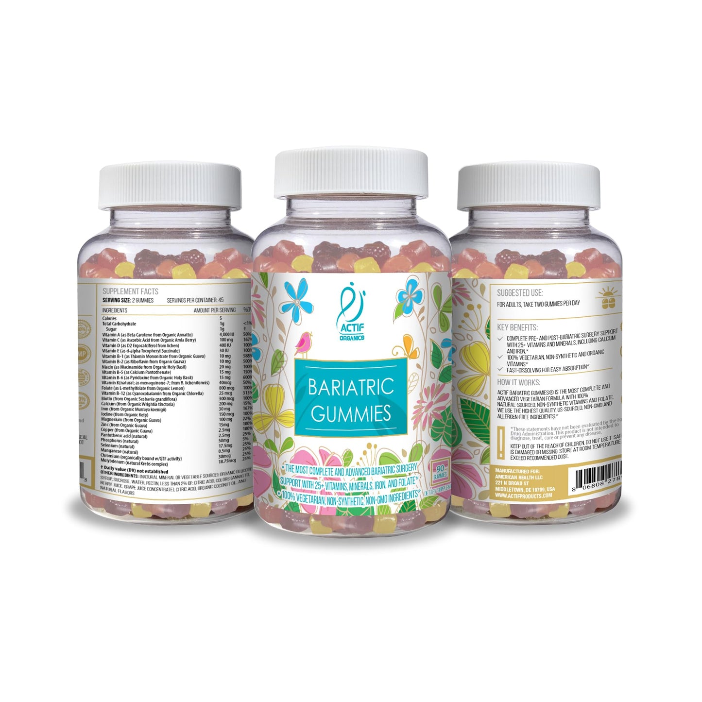 ACTIF Organic Bariatric Gummies with 25+ Organic Vitamins and Minerals for Bariatric Surgery, Advanced Formula, 90 Count